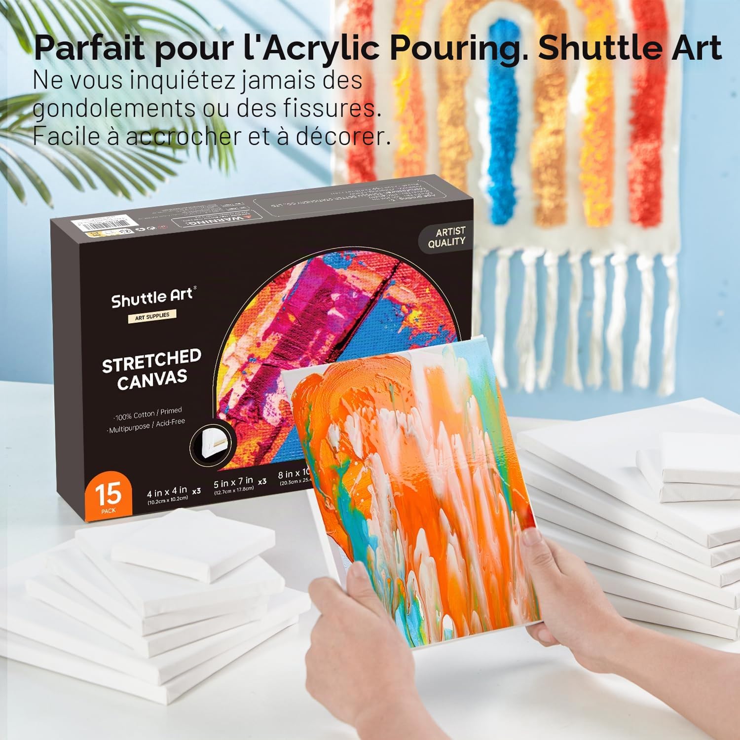 Shuttle Art Lot de 15 toiles tendues, 100 % coton, 12,7 x 17,8 cm, 22,9 x 30,5 cm, 27,9 x 30,5 cm (3 de chaque), 100 % coton, toile blanche apprêtée, toiles d'art pour peinture acrylique, peinture à