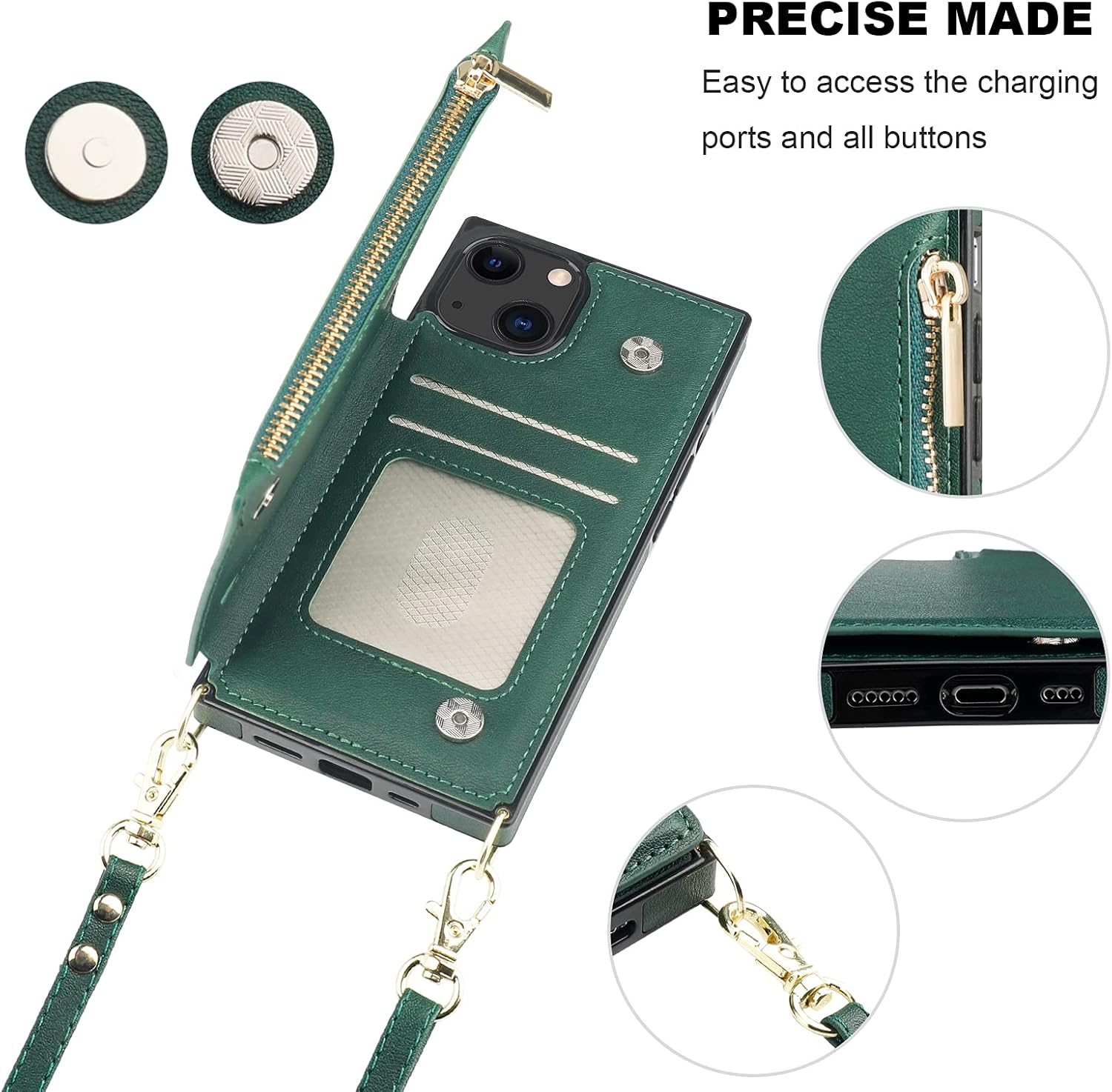 Bocasal Crossbody Wallet Case for iPhone 13 with RFID Blocking Card Slot Holder, Magnetic Flip Folio Purse Case, PU Leather Zipper Handbag with Detachable Lanyard Strap 6.1 Inch 5G (Green) - Image 6