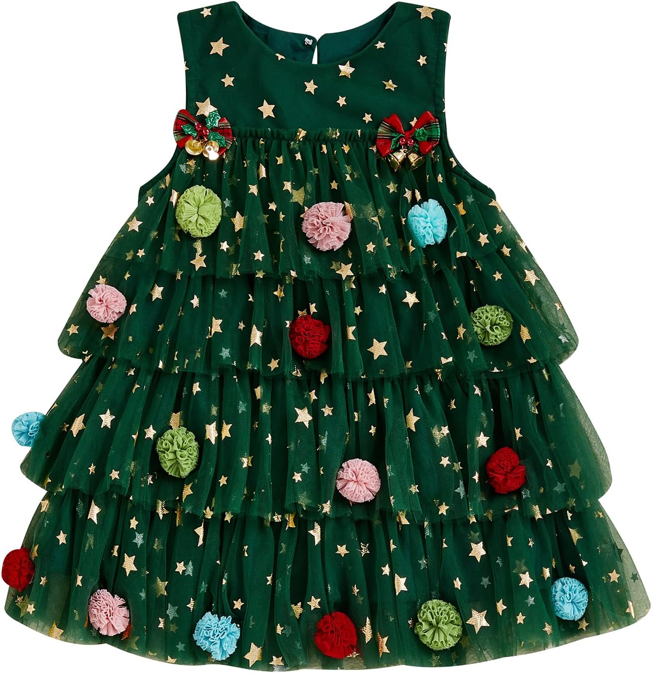 Girls Christmas Dress Sleeveless Shiny Stars Layered Tulle Dress Toddler Christmas Costume Tank Dress with Bells