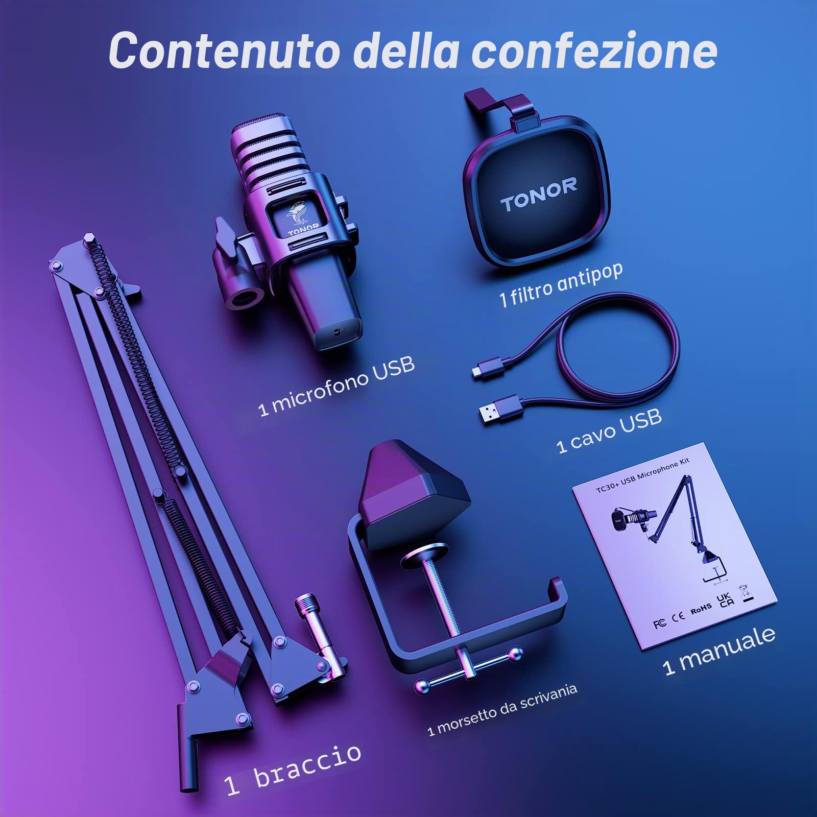 TONOR microfono USB per PC a condensatore cardioide con treppiede, filtro anti-pop, supporto antiurto per gaming, streaming, podcast, YouTube, compatibile con laptop e desktop,TC30S+