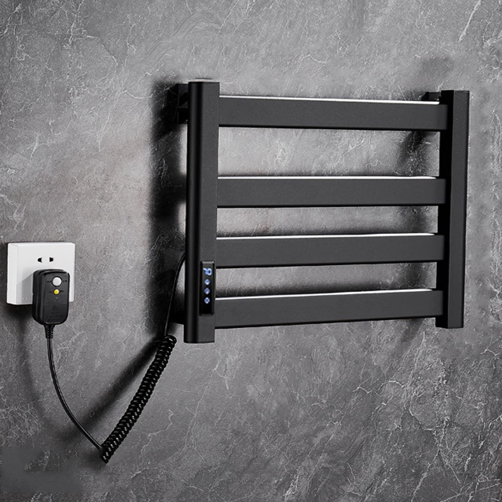 Calentador de Toallas eléctrico para baño, toallero calefactado, radiador con Estante, toallero calefactado de Pared para baño (Black-Left Exit)