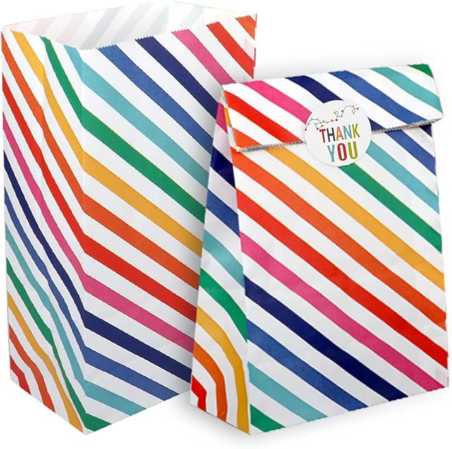 RFWIN 20Pcs Paper Party Bag Kraft Paper Candy Bags, Rainbow Stripe Kids Birthday Paper Bags with Stickers Paper Gifts Sweets Bags for Baby Shower Wedding Valentines' Day
