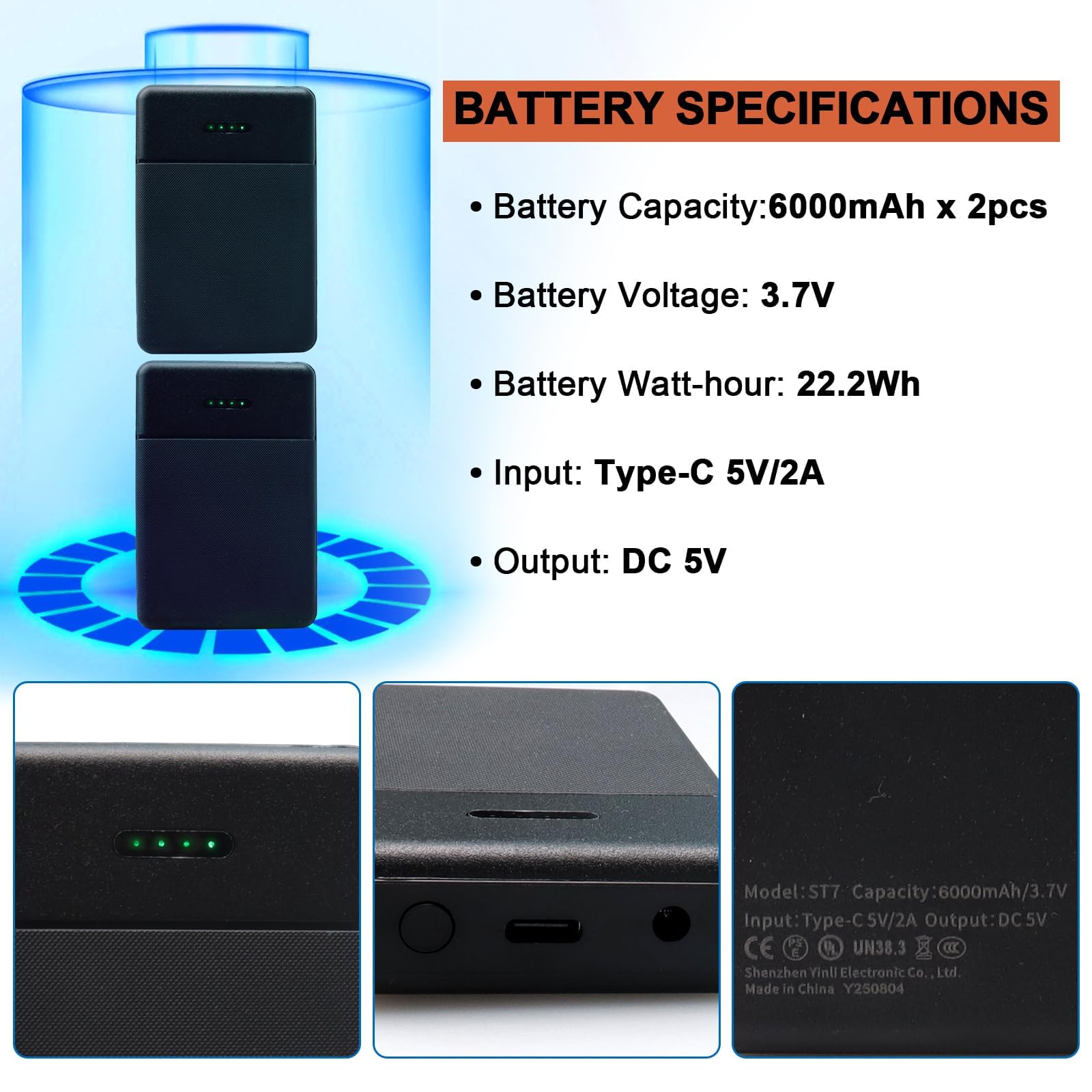 Power Bank Portatile 6000 MAh (2 Pz) Per Guanti E Giacche Riscaldate – USB-C – Nero