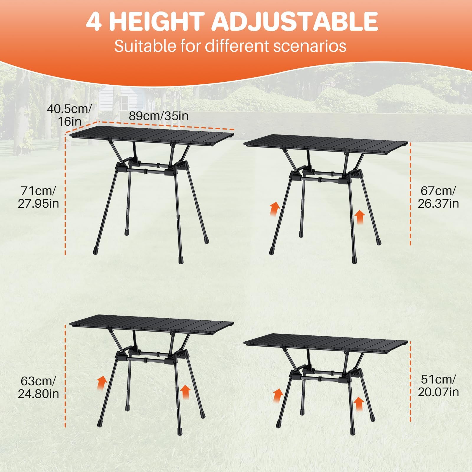 FUNYKICH Table de camping enroulable en aluminium de 0,9 m (L x l x L), 4 hauteurs réglables, ultra légère et pliable avec sac de transport pour camping, pique-nique, barbecue, fête, jardin, plage