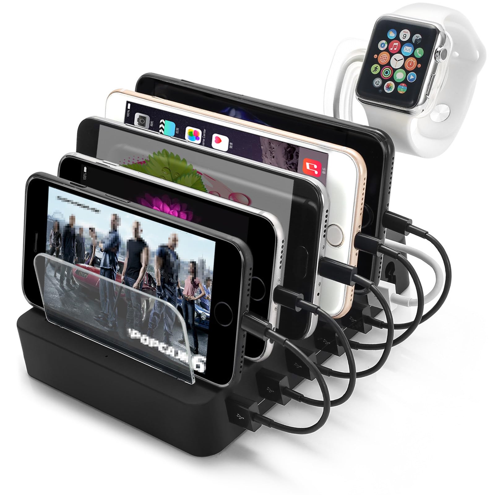 Caricabatterie multiporta USB da 50 W, 6 porte 5V2.4A con supporto per orologio per telefono cellulare, adatto per dispositivi smart iOS, docking station USB