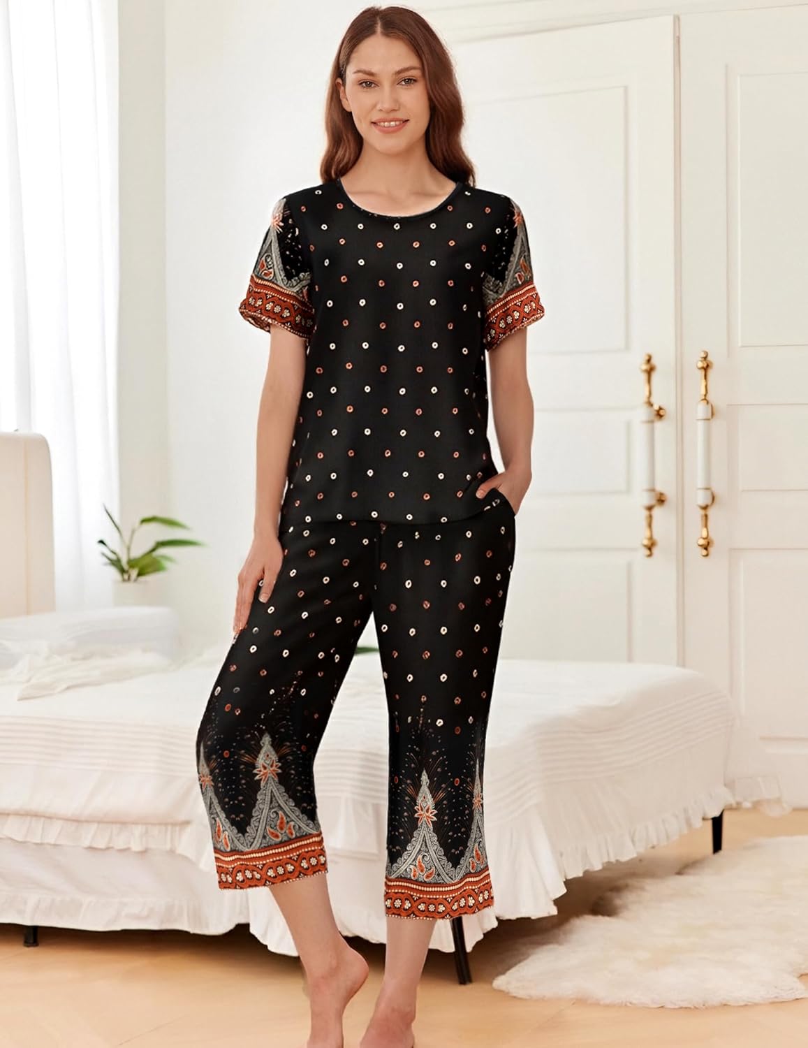 Ekouaer Women's Two Piece Lounge Set Short Sleeve Shirt and Capri Pants Mumu Pajama with Pockets Loungewear Pjs Sets S-2XL - Image 2