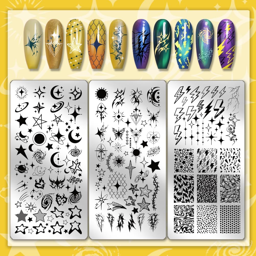 PH PandaHall 3pcs Moon Star Nail Stamping Plates Lightning Patterns Nails Art Stencils Planet Nail Art Templates Galaxy Night Sky Manicures Stamper Plate for Women Manicures Salon Design Supplies