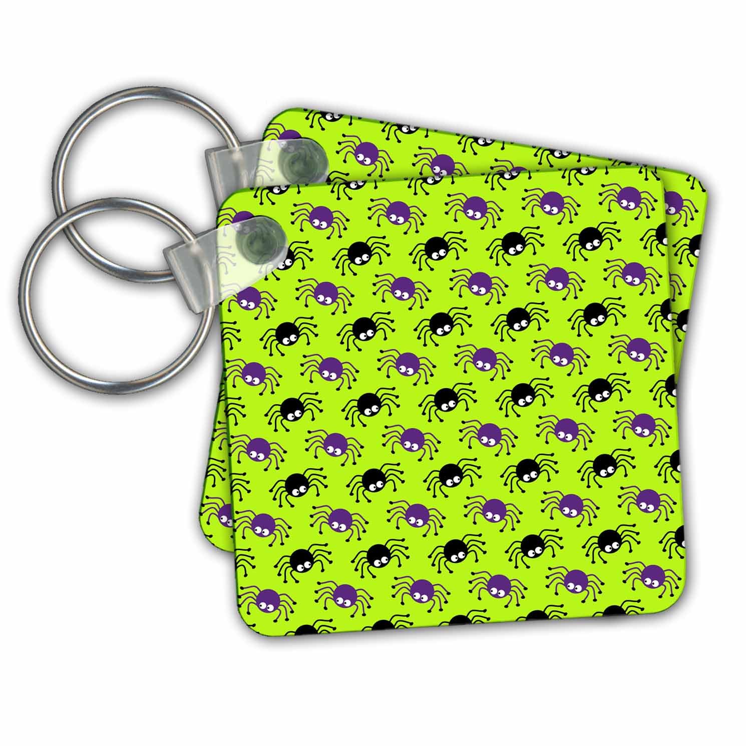 3dRose Key Chains Cute Purple and Black Goggly Eyed Halloween Spiders On Green Pattern (kc-216831-1)