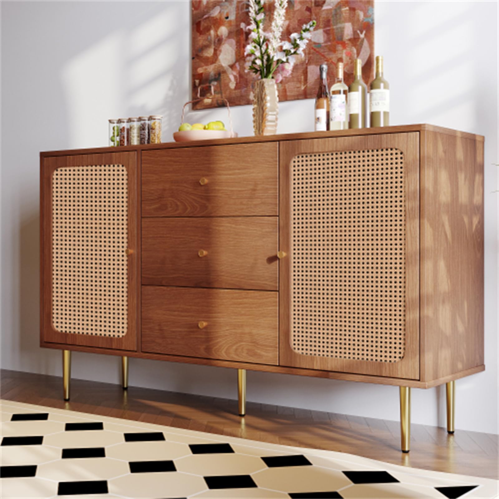 Mobile da ingresso alla moda retrò, mobile ausiliario in legno di rattan con 2 ante e 3 cassetti, ripiano regolabile con credenza con fibbia magnetica sulla porta, facile da montare