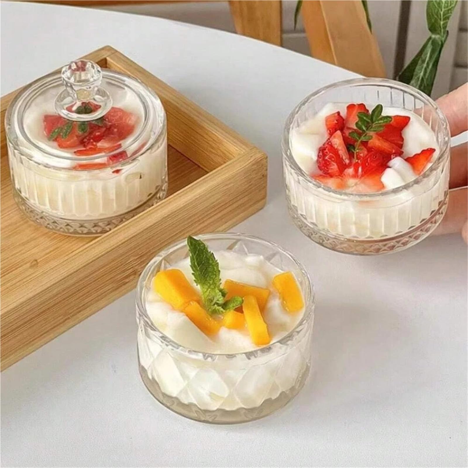 2 eleganti coppe da dessert in vetro for gelato con coperchio - for budino, yogurt e for uso commerciale domestico Per Dessert(Clear Diamond)