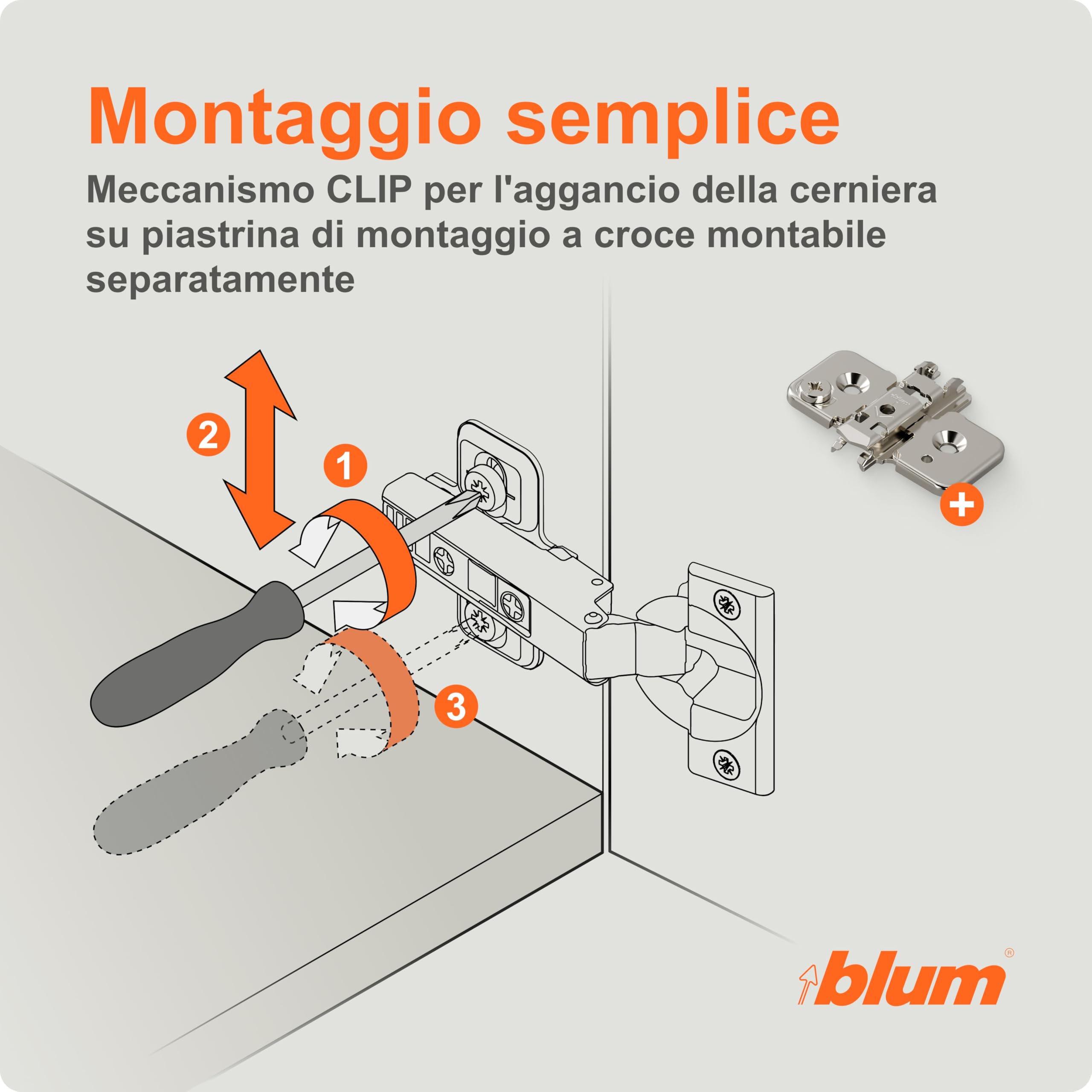 BLUM CLIP TOP BLUMOTION - 2 cerniere per mobili a 110°, dritte con molla, viti, arresto angolare + clip blu, piastra di montaggio a croce eccentrica, acciaio, viti, distanza 0 mm