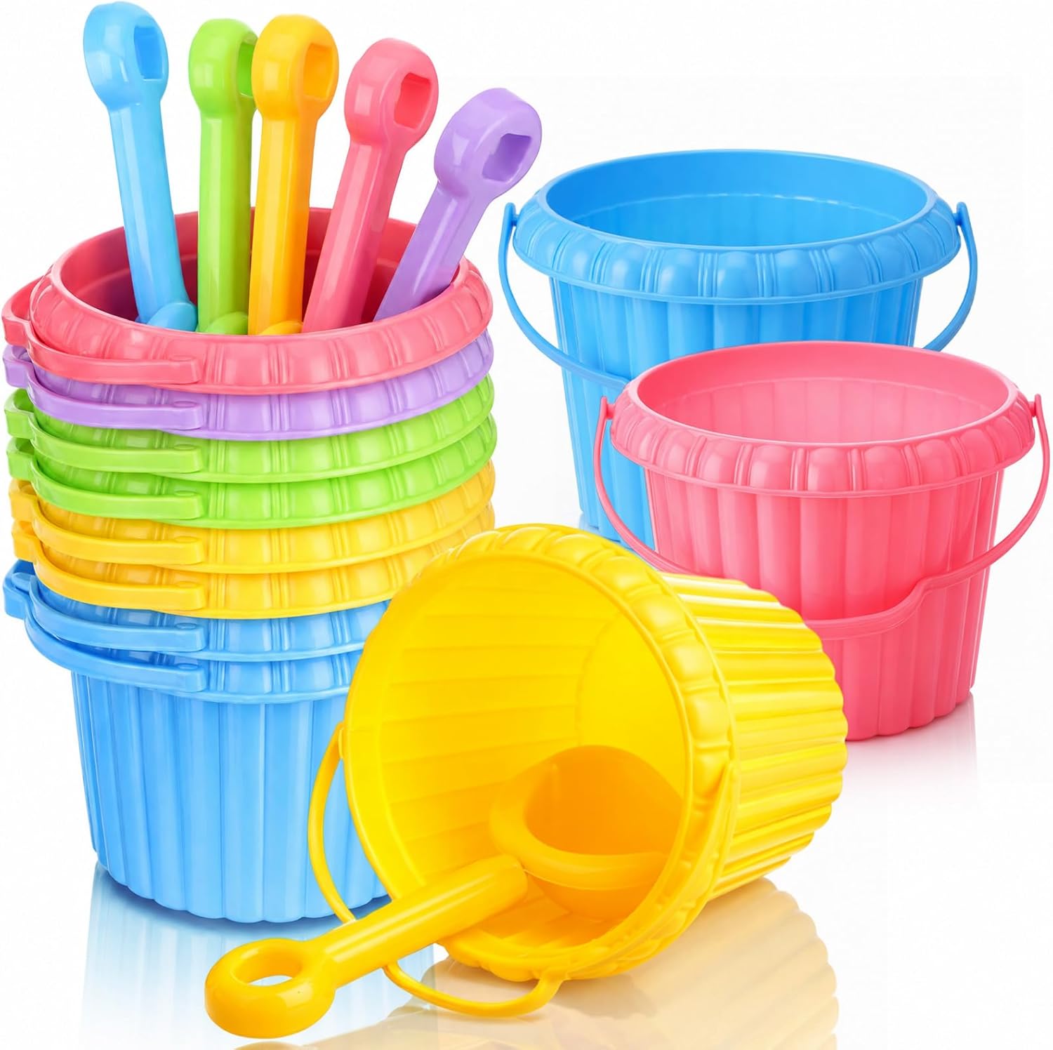 8 Set Beach Sand Buckets and Shovels for Kids Bulk 6.3 Inch Plastic Beach Pails Toys with Handle and Vertical Striped Design for Summer Pool Party Favors Game