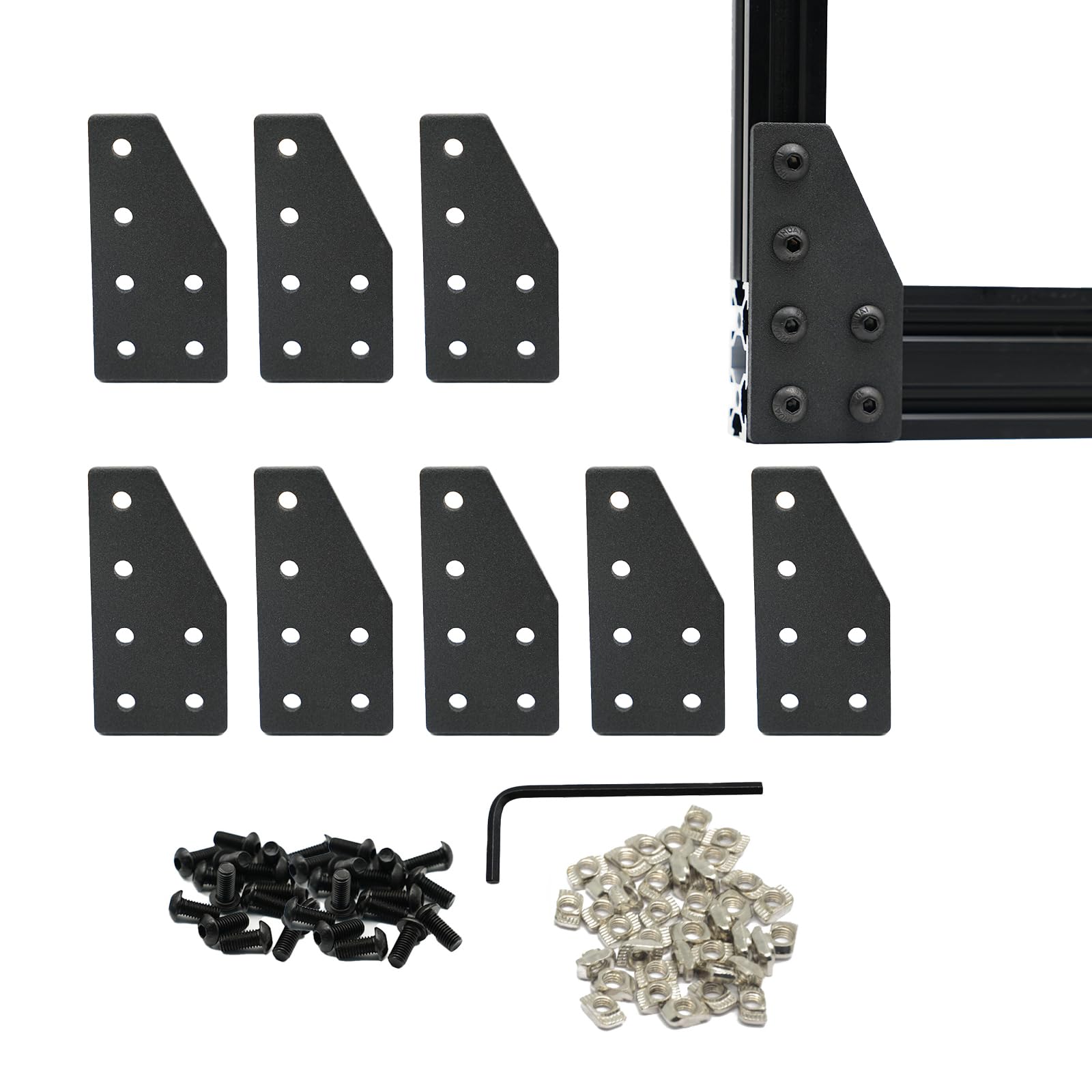 Iverntech 8 Sets Joint Plate Connector Corner Bracket Hardware L Shape 6 Hole for 2040 Aluminum Extrusion T V 6mm Slot with T Nuts and Screws Wrench Aluminum Profile Connector Accessories (Black)