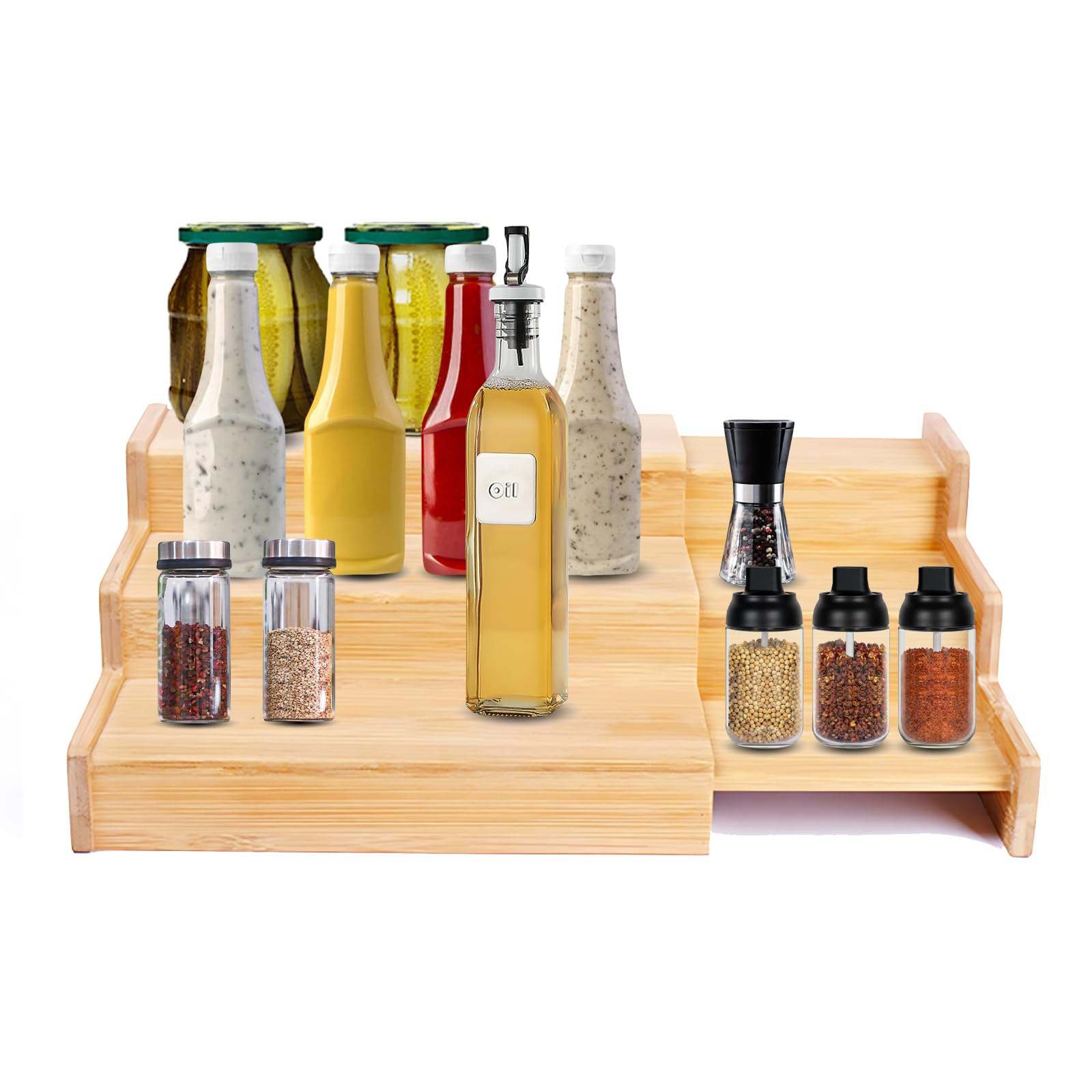 Eidoct 3-Tier Expandable Wooden Spice Rack - Adjustable Step Shelf Organizer for Cabinet, Pantry & Cupboard | Free Standing Spice Jar Storage Shelf with Non-Slip Design