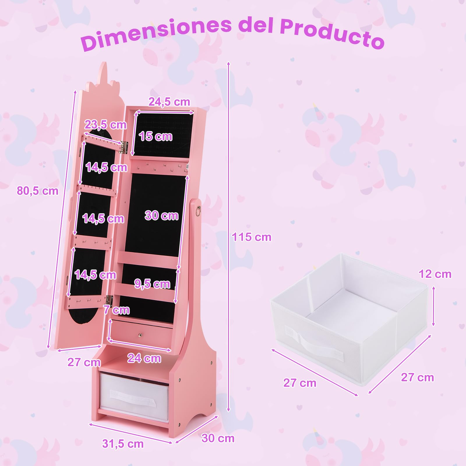 GOPLUS Armario de Joyería para Niños con Espejo de Cuerpo Completo, Organizador de Joya de Pie con Cajón Plegable, 2 Ángulos de Inclinación Ajustables, Armario de Joyas Infantil (Rosa)