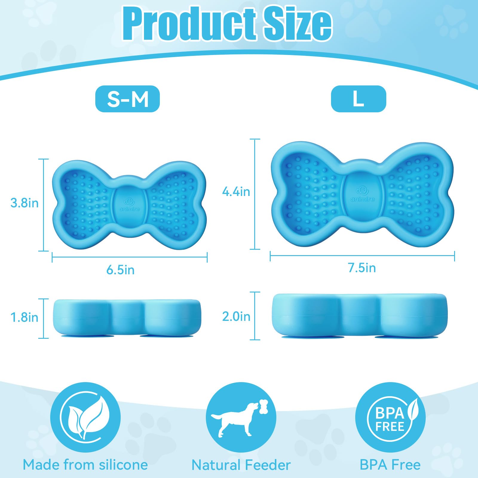 Tappetino per leccare cani, anti-fuoriuscite, con papillon, per alleviare l'ansia, in silicone, con ventose, giocattolo congelabile per l'arricchimento del cane (azzurro, L)