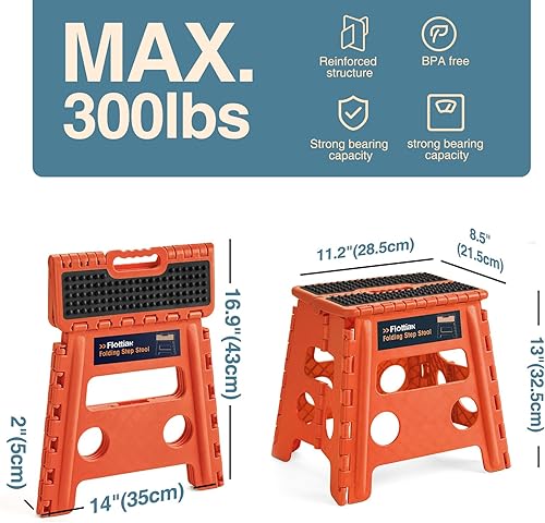 Miniatura 25 de Flottian Taburete plegable de 18 pulgadas para adultos y niños con capacidad para hasta 300 libras, taburetes plegables antideslizantes con asa,