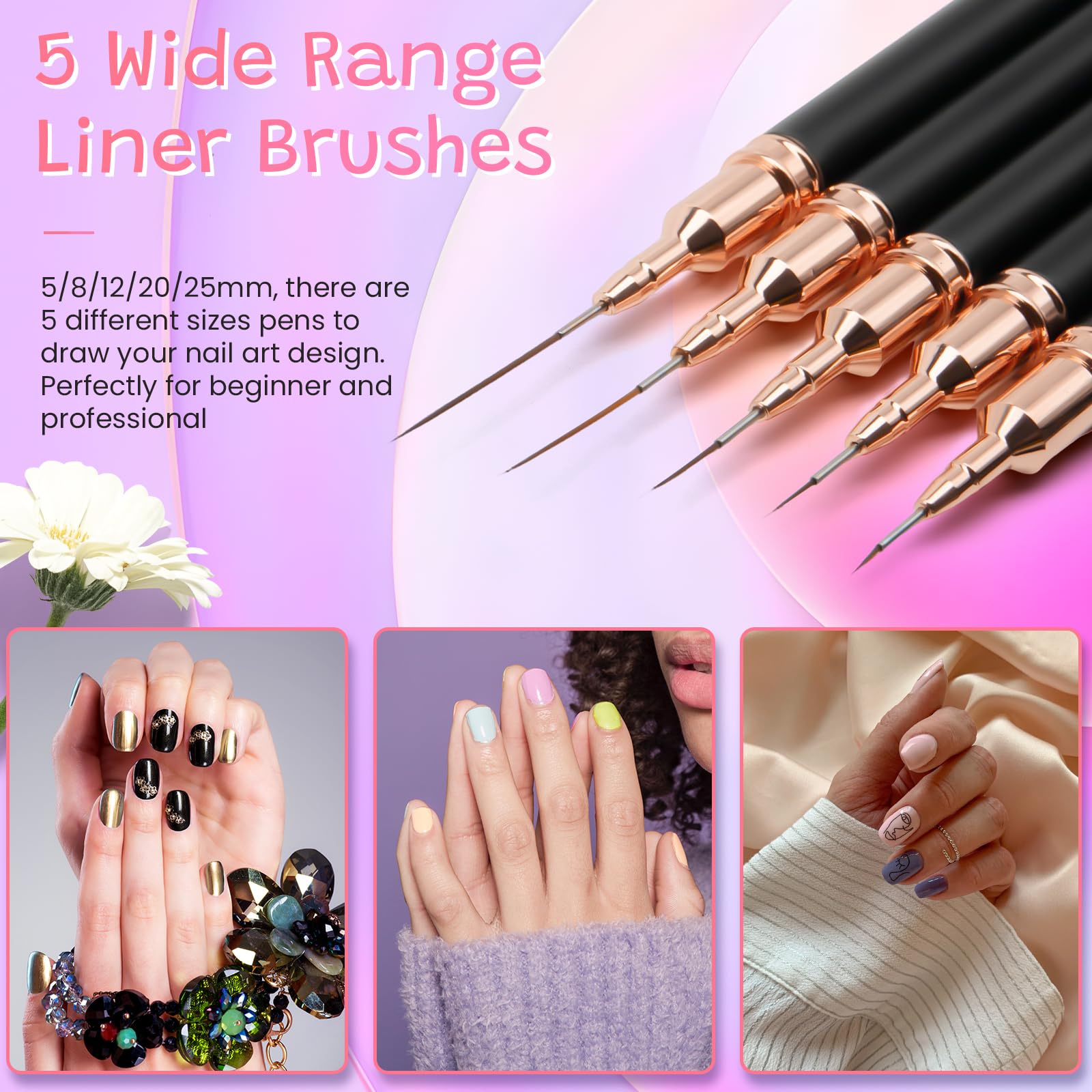 5PCS Nail Art Liner Brushes Long Set including Lid 5/8/12/20/25mm - Image 3