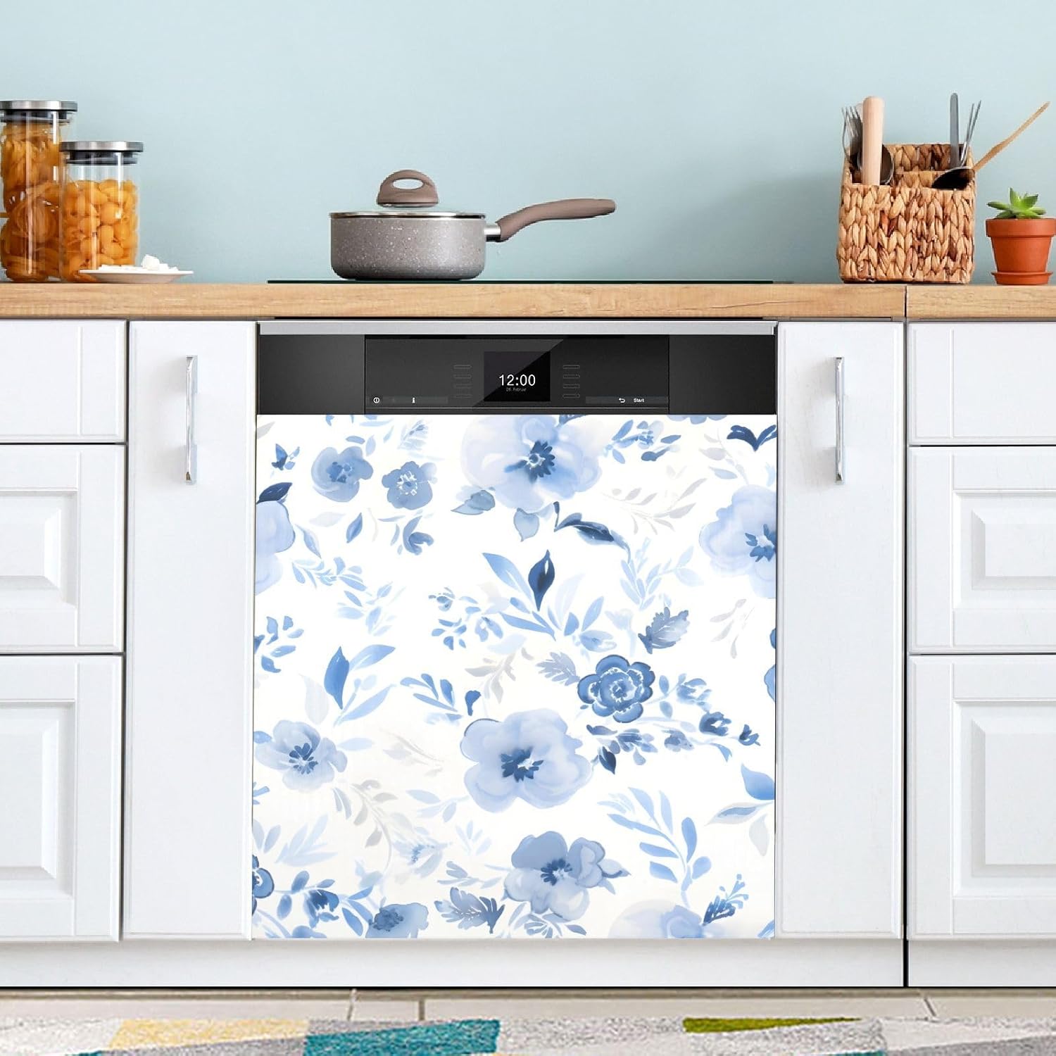 Decorative Dishwasher Magnet Cover - Blue and White Flowers Dishwasher Cover - Durable & Free Cutting & Magnetic Back & Easy to Clean - 23x26 Inch - Perfect for Kitchen Appliances