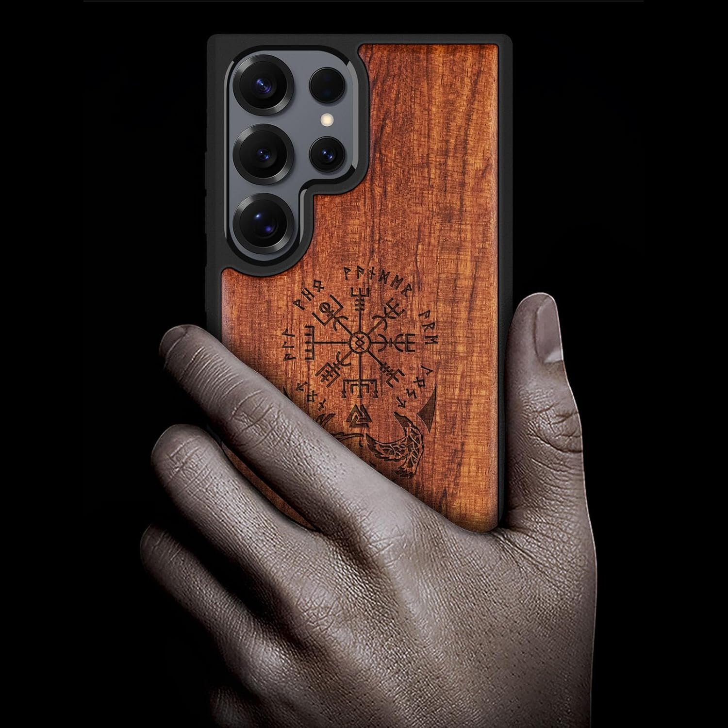Carveit Magnetic Wooden Case for Samsung Galaxy S25 Ultra Case 2025, TPU Shockproof Cover & Wood Artisan Engraved, Compatible with MagSafe Wireless Chargers (The Guiding Vegvisir) Rosy