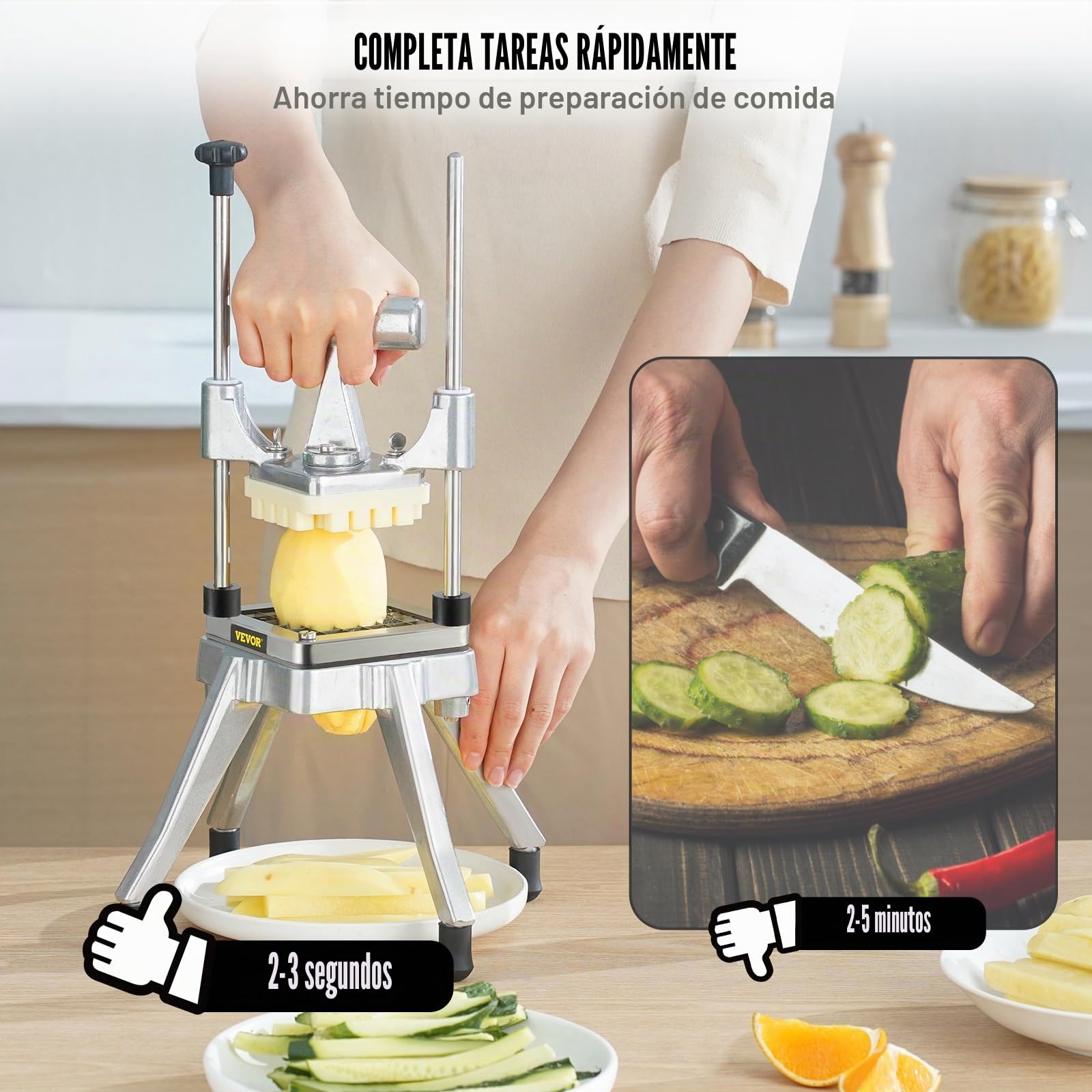 VEVOR Cortador de Verduras de Multifunción Profesional Manual con 4 Cuchillas de Acero Inoxidable 12,7/6,4/9,5 mm y 6 Cuchillas de Repuesto para Rebanar Palitos de Frutas Restaurante de Cocina