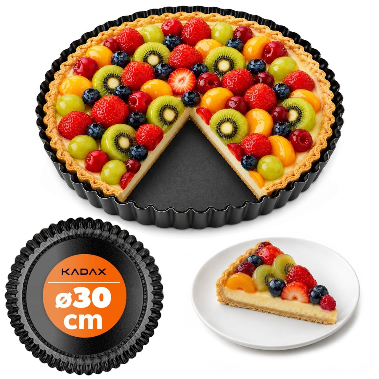 KADAX Foremka do tarta, do tarta, tortelety, z ocynkowanej i nieprzywierającej warstwy blachy, w 3 rozmiarach, okrągła forma do tortu owocowego (Ø 30 cm, czarna)