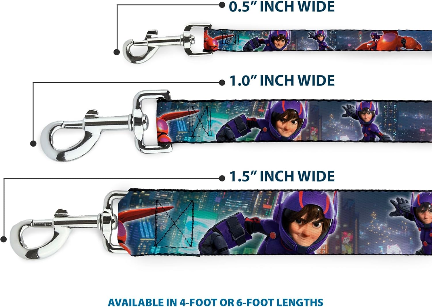Buckle-Down Pet Leash - Hiro & Baymax Action Poses/San Fransokyo - 6 Feet Long - 1" Wide