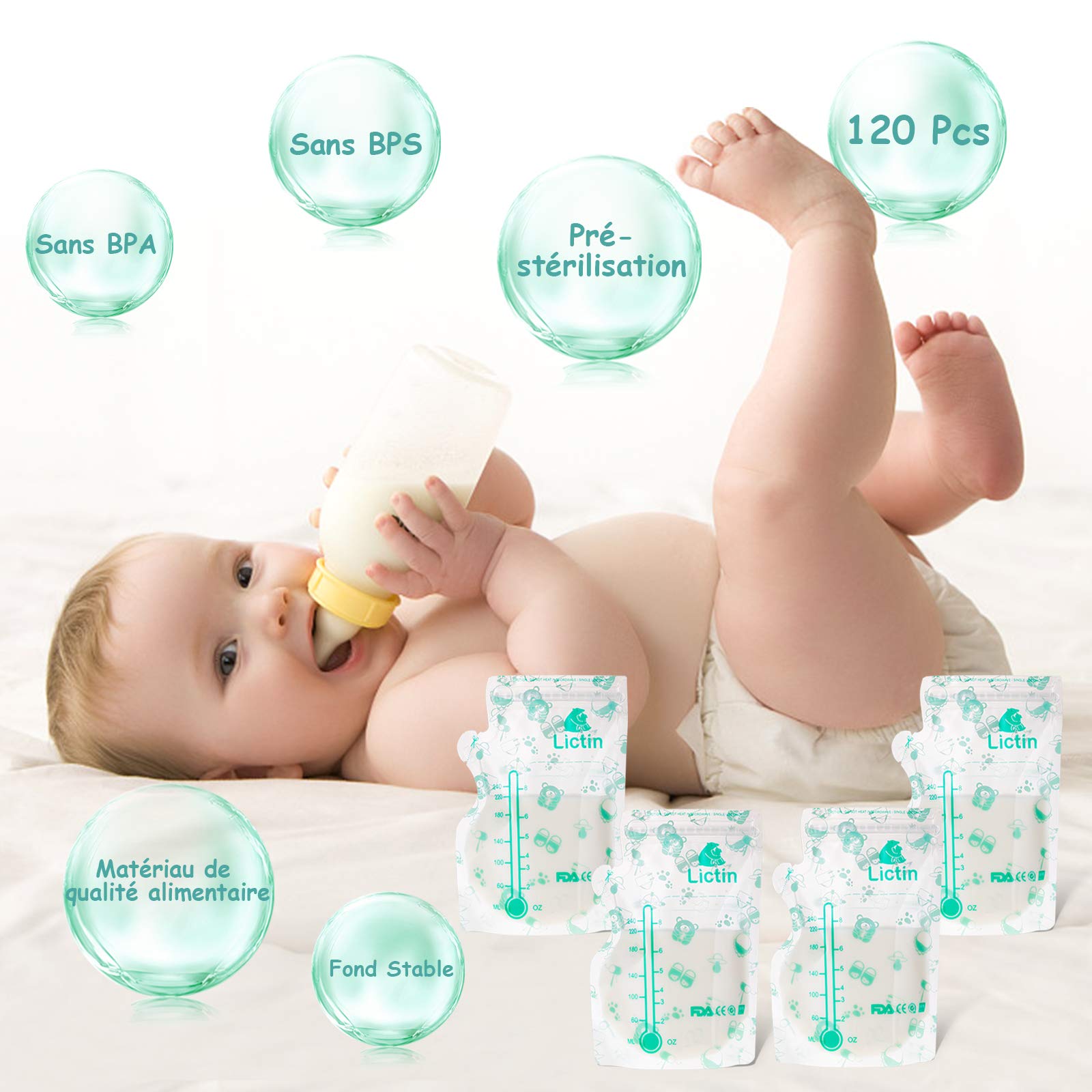 Lictin Conservation Lait Maternel 120Pcs - 240ML Sachet Conservation Lait Maternelle Pré-stérilisés, Épaissir Double Fermeture Glissière Sachet Lait Maternel, Bec Verseur Intégré
