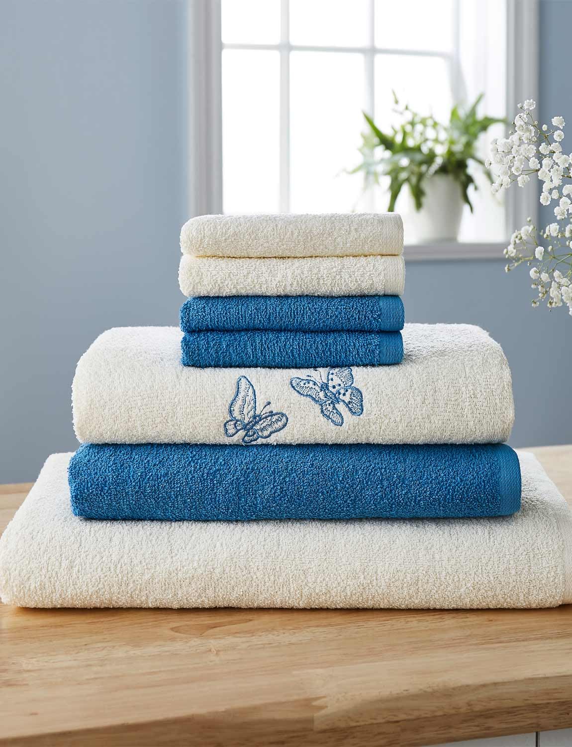 Chums Denim Towels 7 Piece Towel Set, Bath Towel, 2 Hand Towels And 4 Facecloths 100% Cotton Soft & Absorbent Butterfly Towel Bale