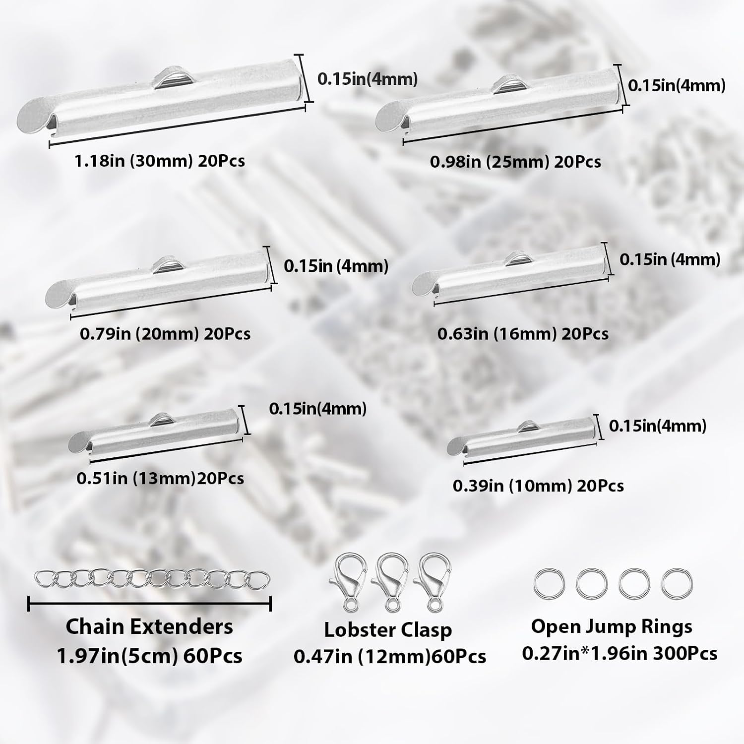 EuTengHao Silver Slider Clasp Kit for Beading, Tube Slide Cord Ends with Lobster Clasp, Chain Extender, Jewelry Findings for Beading Necklace Bracelet Making (6 Sizes, Bright Silver, 540Pcs)