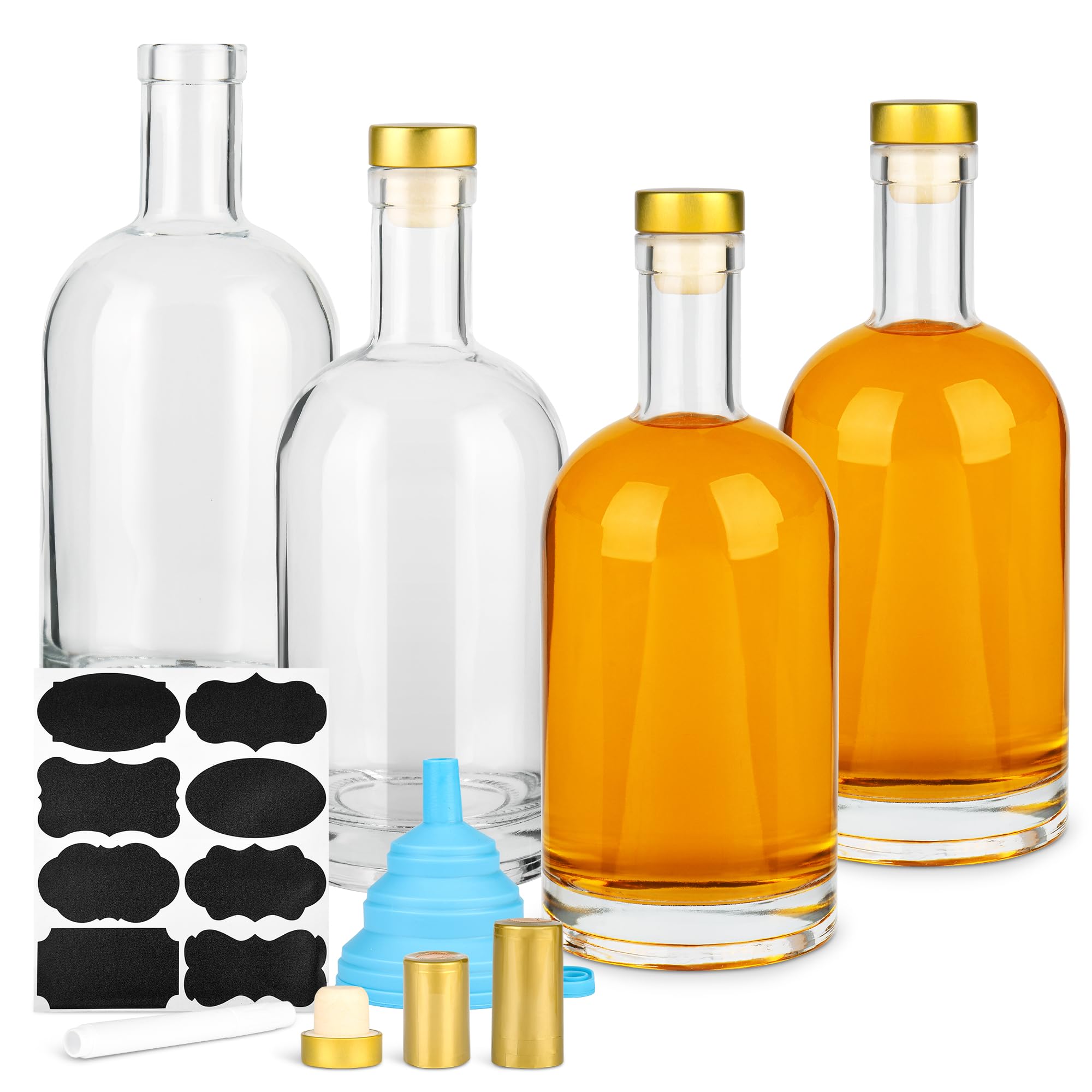 BSL 25 oz (750ml) Glass Bottle with T-Top Cork, Heavy Bottom Vodka Bottle for Wine, Juice, Milk, Whiskey, Sauce, Gift Giving，4-pack