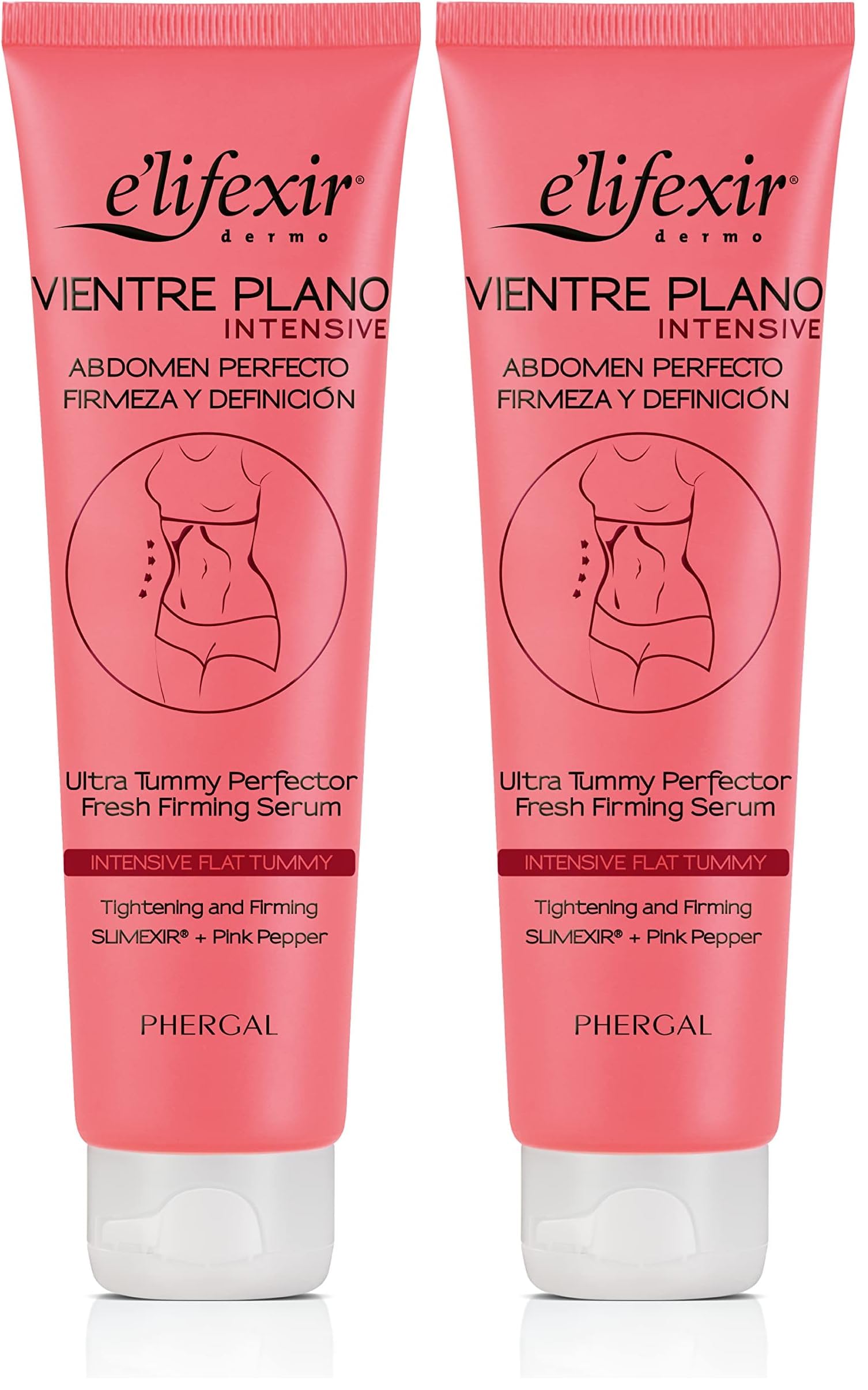 E'LIFEXIR - Sérum Vientre Plano Intensive - Définit le Volume, Draine et Tonifie l'Abdomen - Crème Raffermissante - Contient SLIMEXIR, POIVRE ROSE et Caféine - Pour Hommes et Femmes - 150ml (Lot de 2)