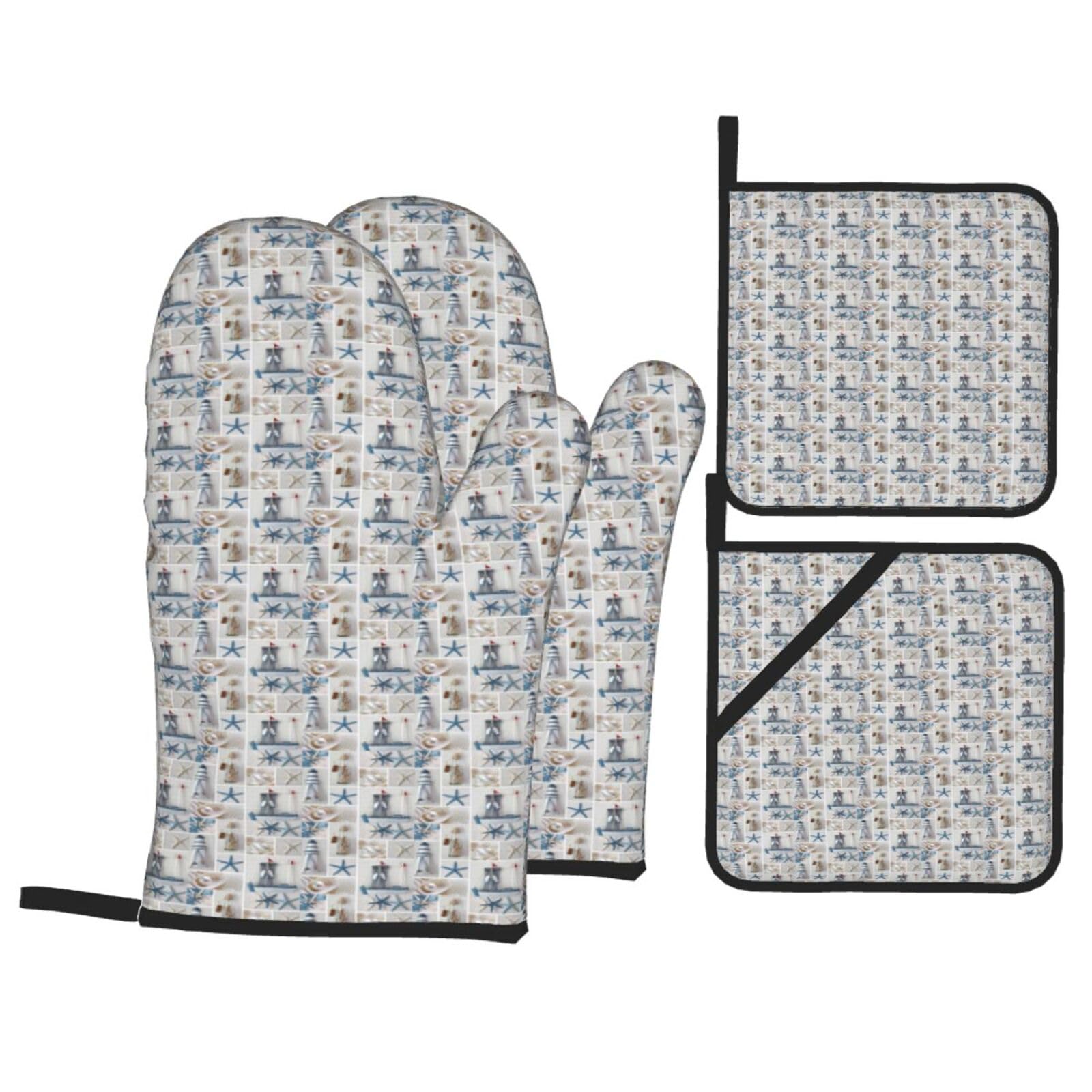 Bottle Seashell Starfish Lighthouse Print Stylish Heat-Resistant Oven 4-Piece Set Kitchen Gloves Roasting Daily Cooking