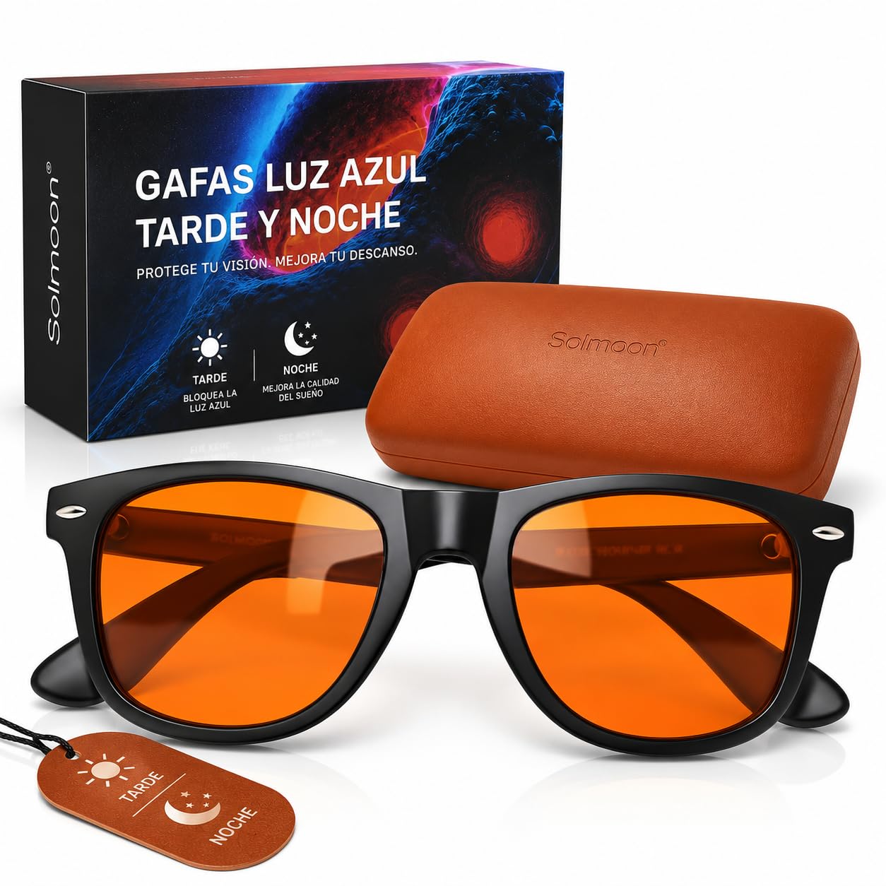 Solmoon Gafas Luz Azul Naranja Tarde y Noche – Lentes Tritan BPA Free – 0 Luz Azul para Pantallas, Gaming, Atardecer y Paseo Nocturno – Circalens™ – Estuche Bio Mushroom Leather