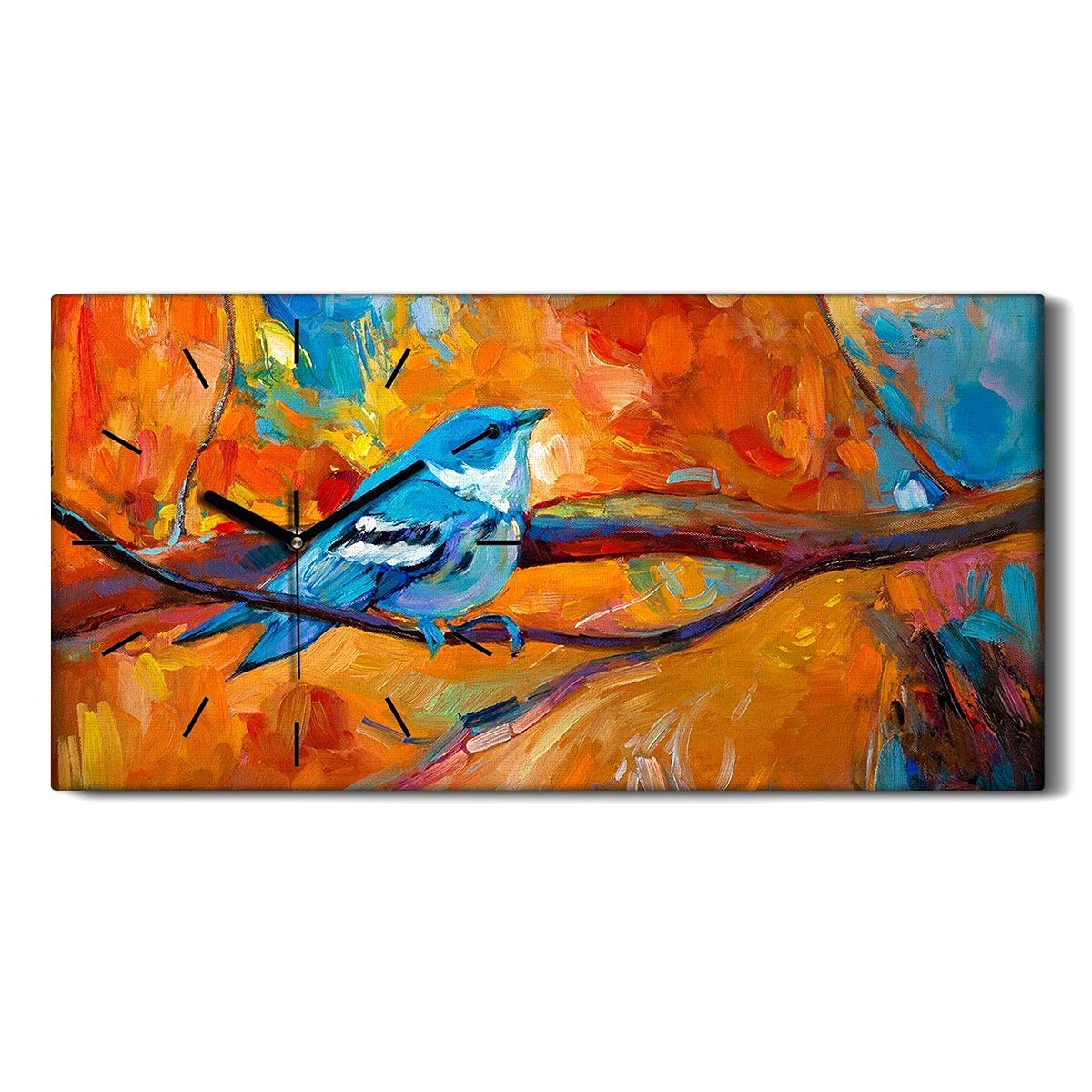 Horloge sur toile moderne design raffiné avec mains noires motif oiseau 60x30