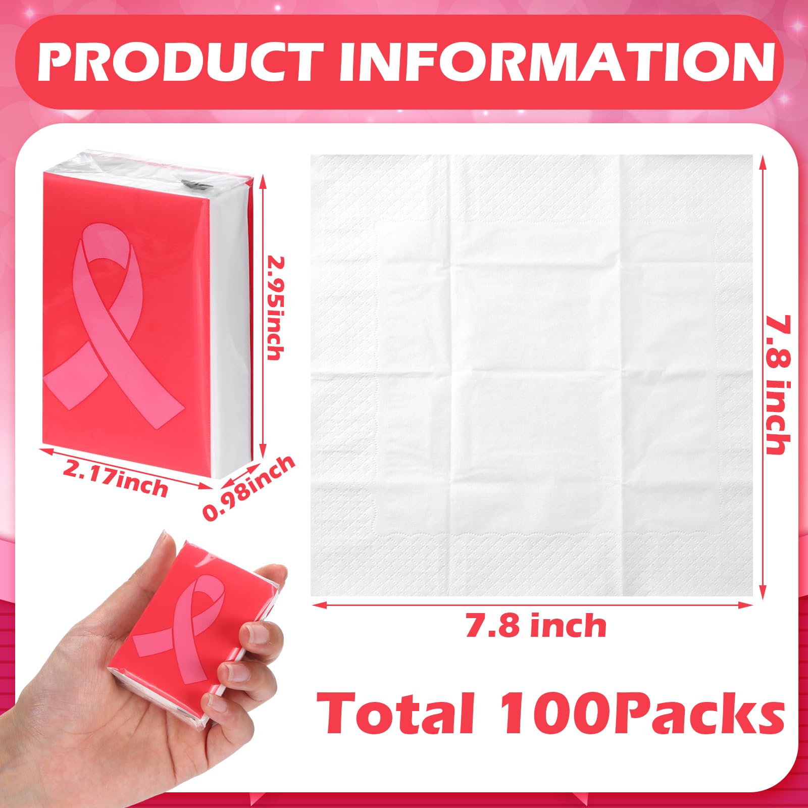 Honoson Confezione da 100 fazzoletti di carta velina rosa per sensibilizzazione sul cancro al seno, per borse di sensibilizzazione, fazzoletti da viaggio per eventi di beneficenza, regalo per donne