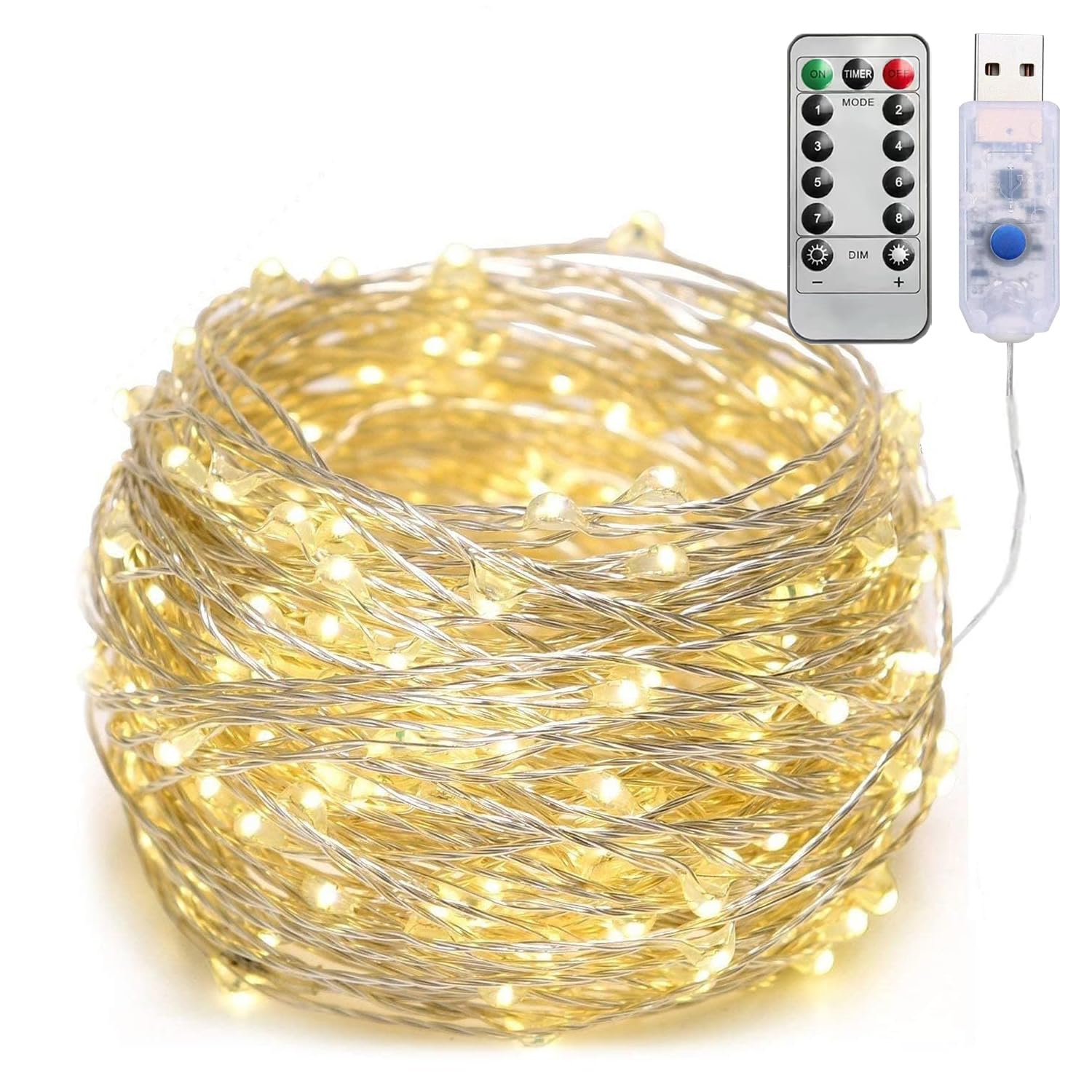 LEDストリングライト 柔らかい銅線ワイヤー・イルミネーションライト8種類の点灯モード 簡易DIY クリスマス/結婚式/パーティ/学園祭デコレーション クリスマス電飾/室内飾り (ウォームホワイト【USB給電式】, 20メートル)