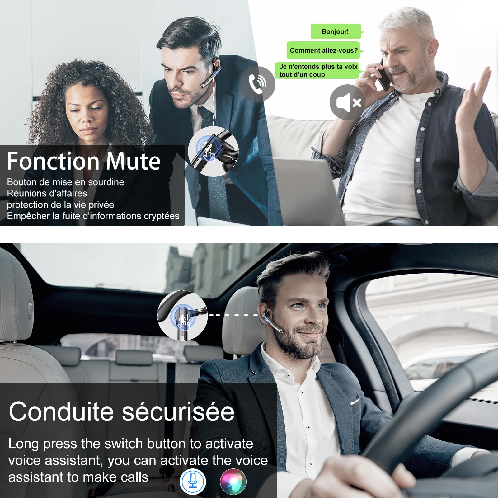 Oreillette Bluetooth sans Fil Kit Main Libre Avec double microphone pour l'annulation du bruit 64 Heures de Conversation en HD boîtier chargement LED CVC8.0 iPhone/Android