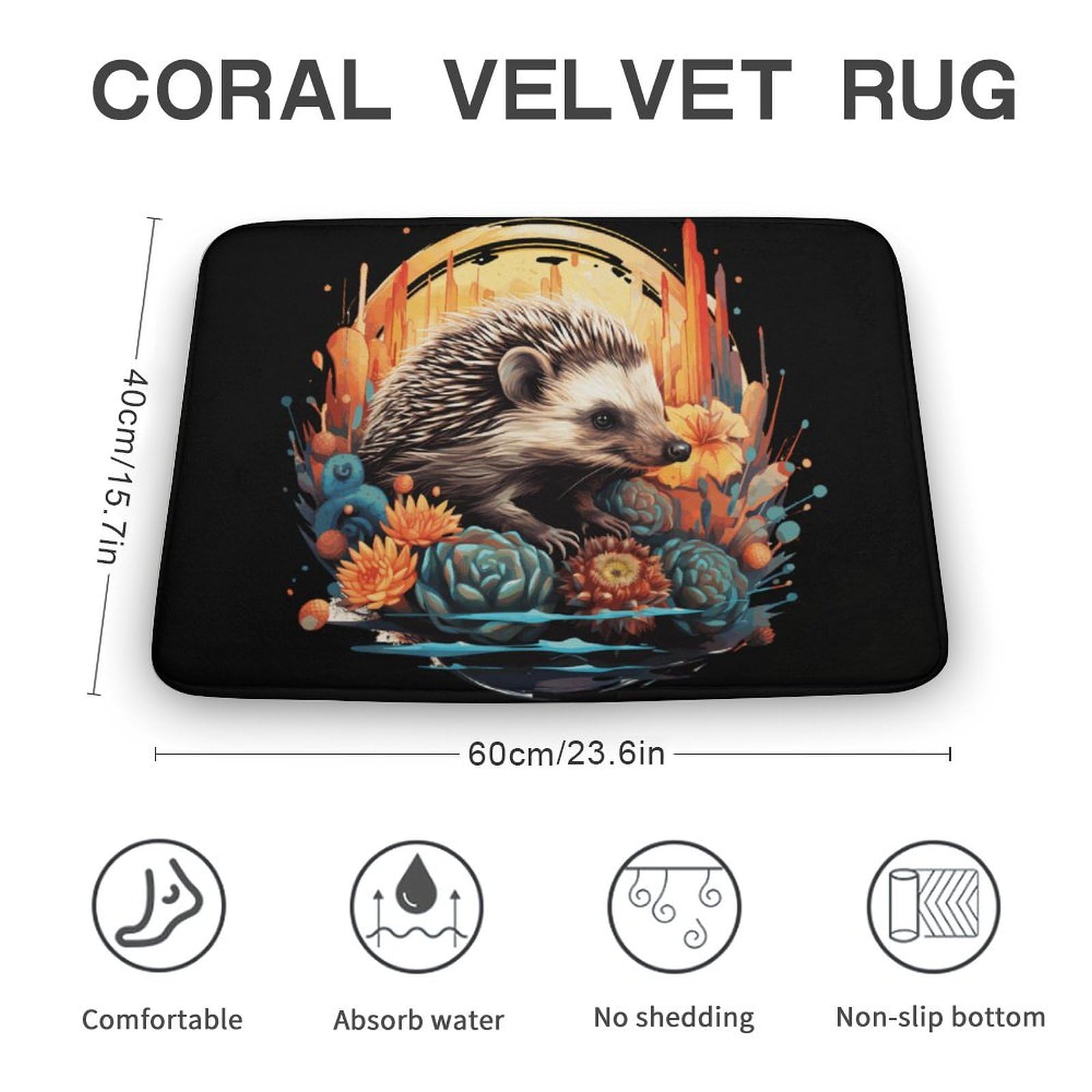 Cute Hedgehog Print Coral Velvet Rugs Non-Slip Bathroom Rugs Soft Kitchen Rug Floor Carpet for Home Decor 15.7