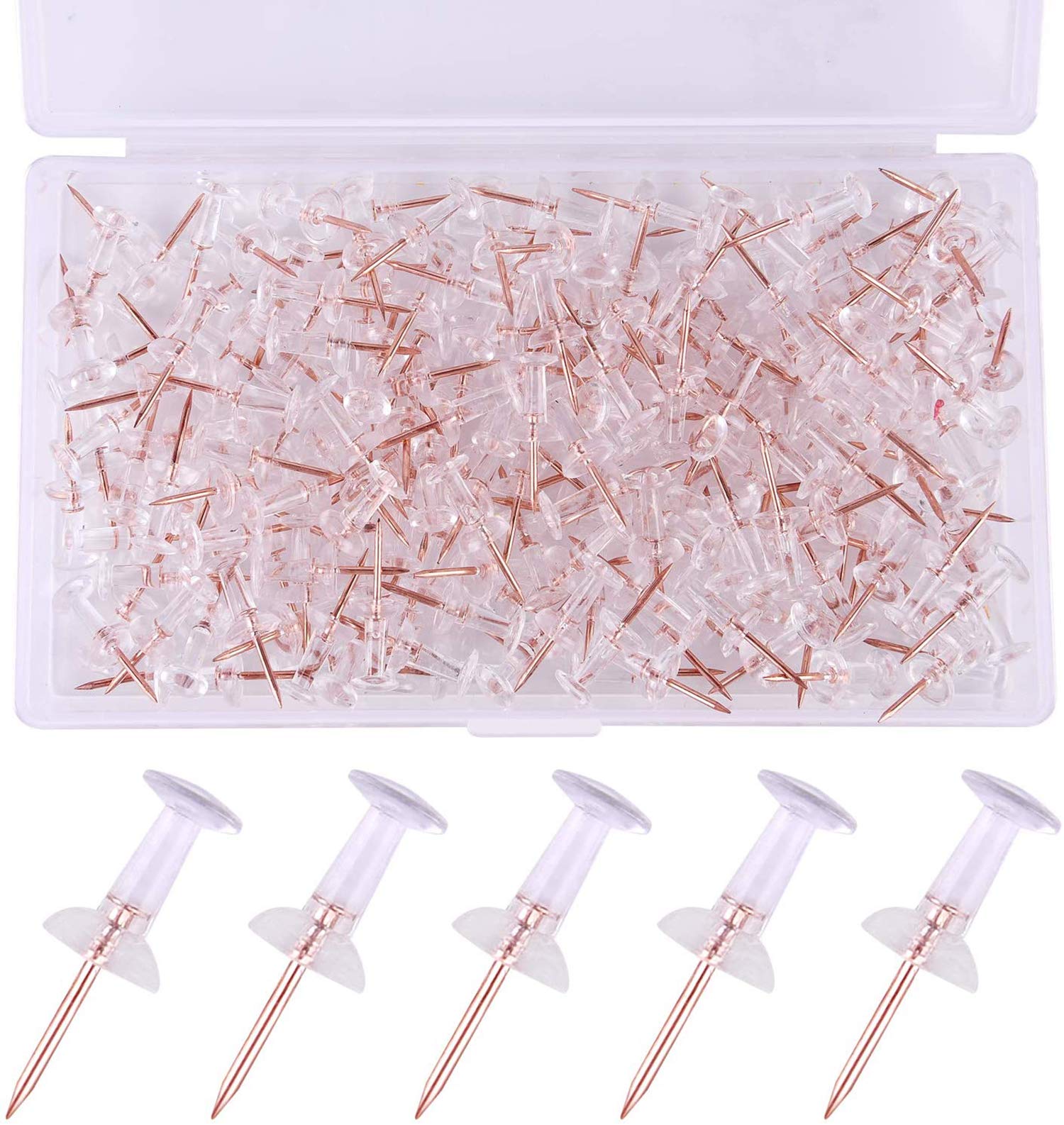 MorlaRose Gold Push Pins 100 Count, Standard Thumb Tacks Steel Point and Clear Plastic Head for Office Corkboard, Rose Gold Push Pins Thumb Tacks Map Pins Steel Point