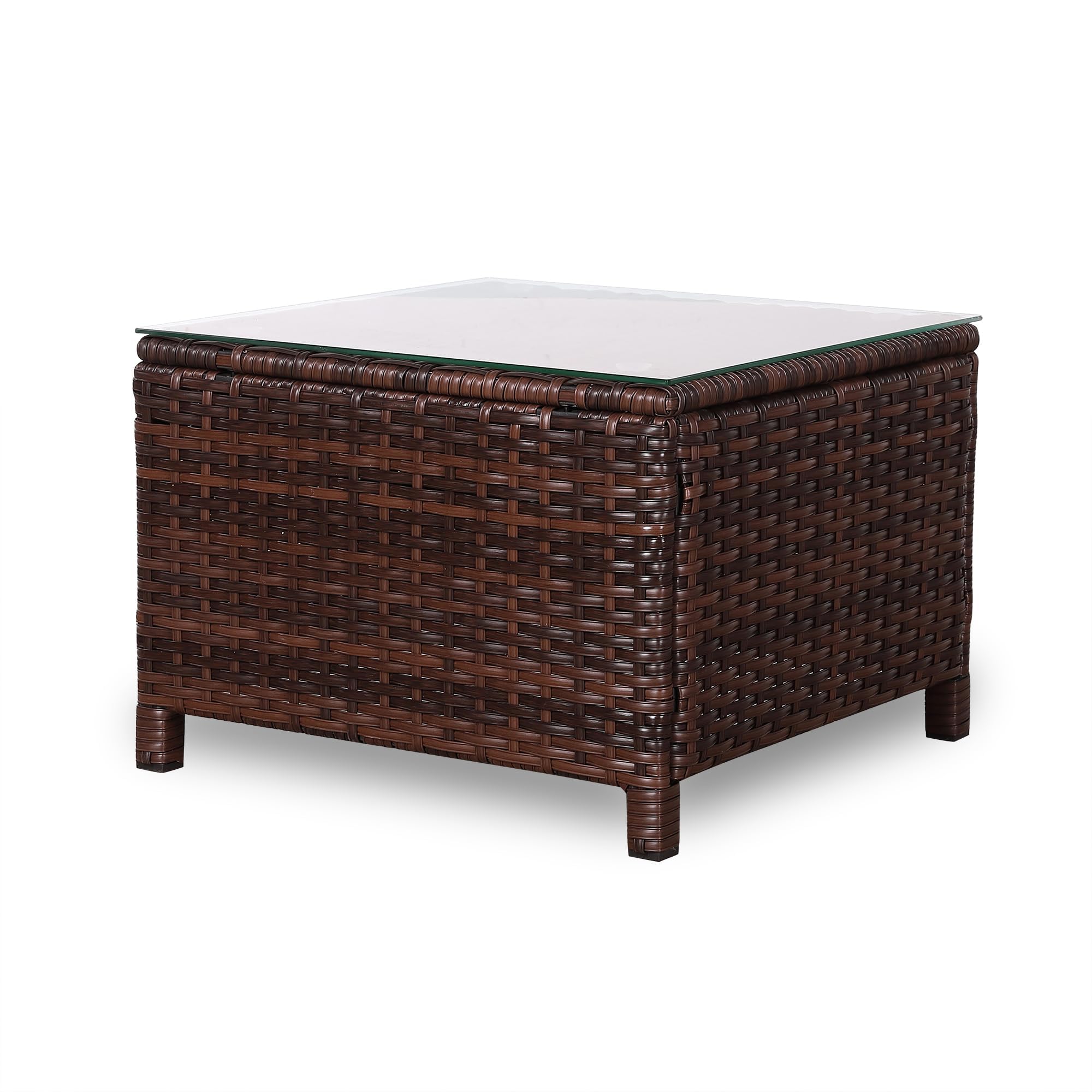Rattan Park Mesa de Centro de ratán para Exterior con Tapa de Cristal, Mesa Auxiliar de Mimbre Resistente a Todo Clima para Patio, balcón o Porche, Color marrón (55×55×38 cm)