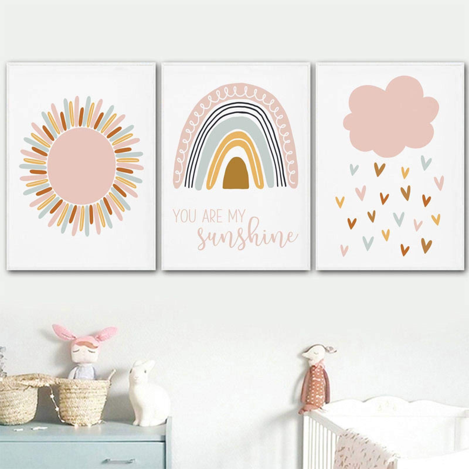Impresión en lienzo para niños, póster con nubes de sol rosa, arte de pared, cuadro de arcoíris para guardería, pintura para habitación de bebé, decoración de dormitorio infantil, 70x100cmx3 sin marco