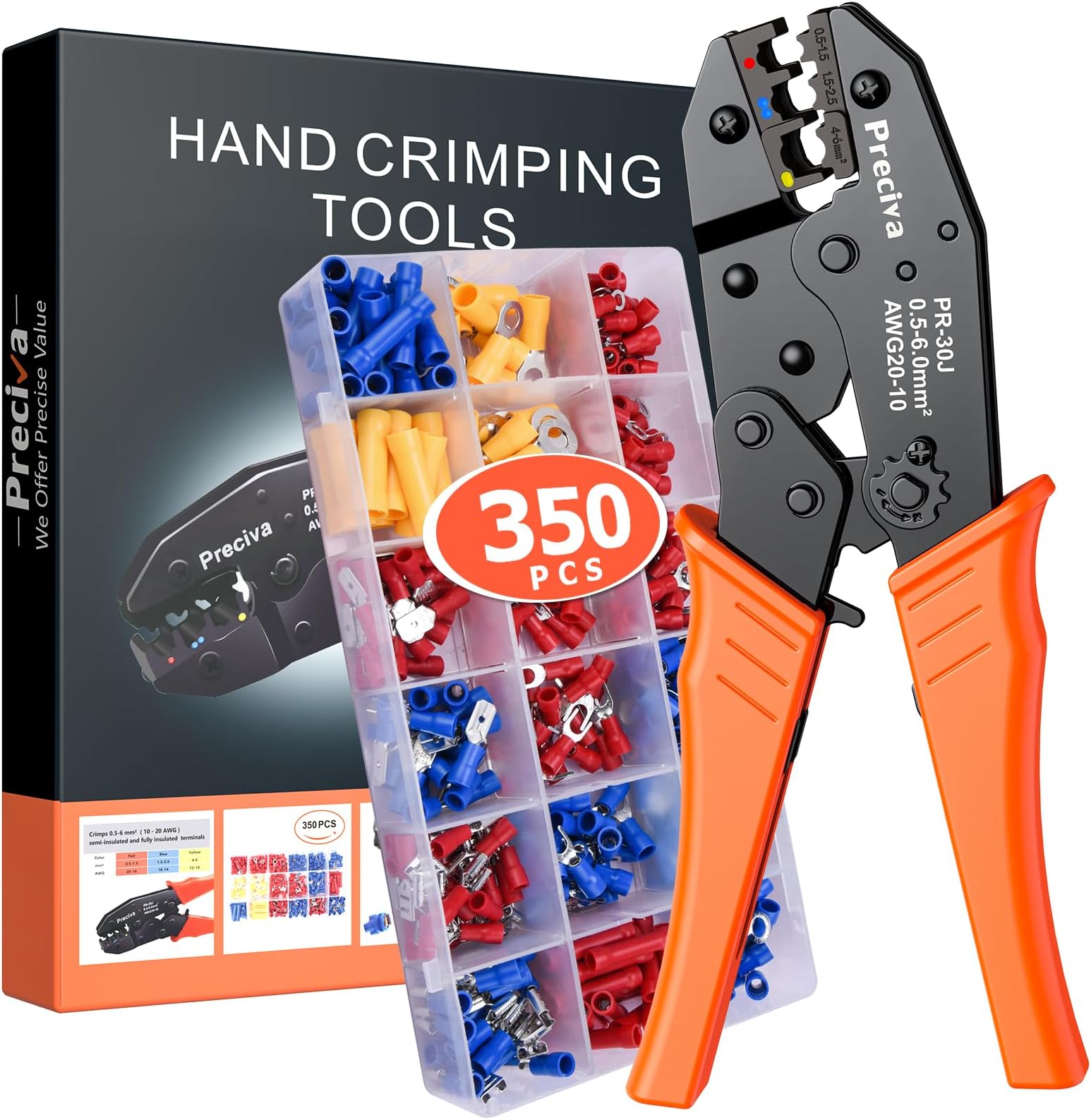 Wire Terminals Crimping Tool Kit, AWG20-10/0.5-6mm²Insulated Ratcheting Crimper Tool with 350PCS Insulated Wire Connectors