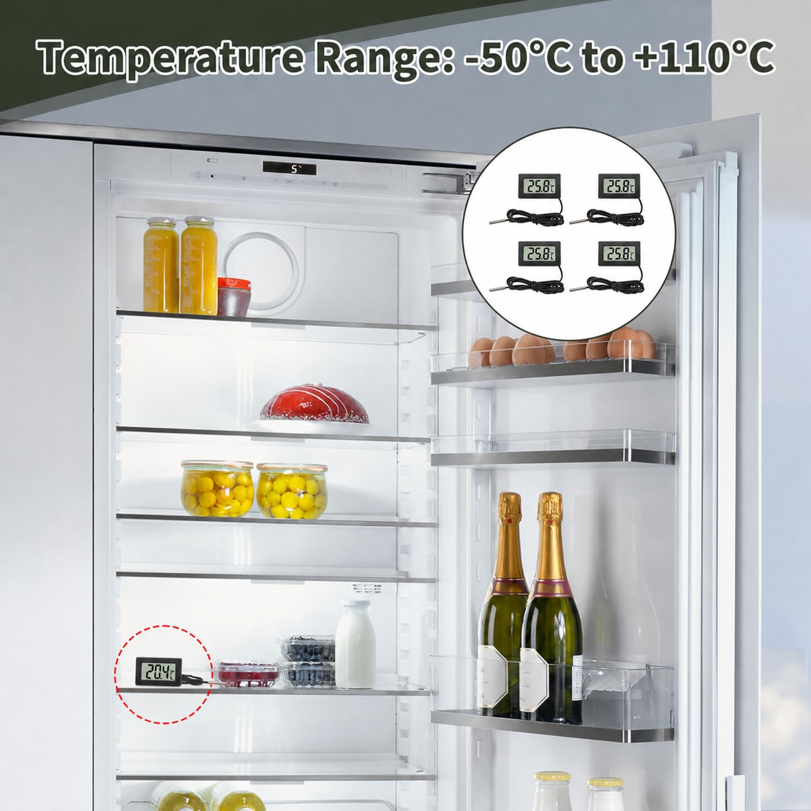 Digitales LCD-Digital-Thermometer mit externer Sonde, wasserdicht, für Kühlschrank, Gefrierschrank, Aquarium und andere Anwendungen, integriertes Thermo-Hygrometer, Temperaturbereich -50 °C bis 110 °C