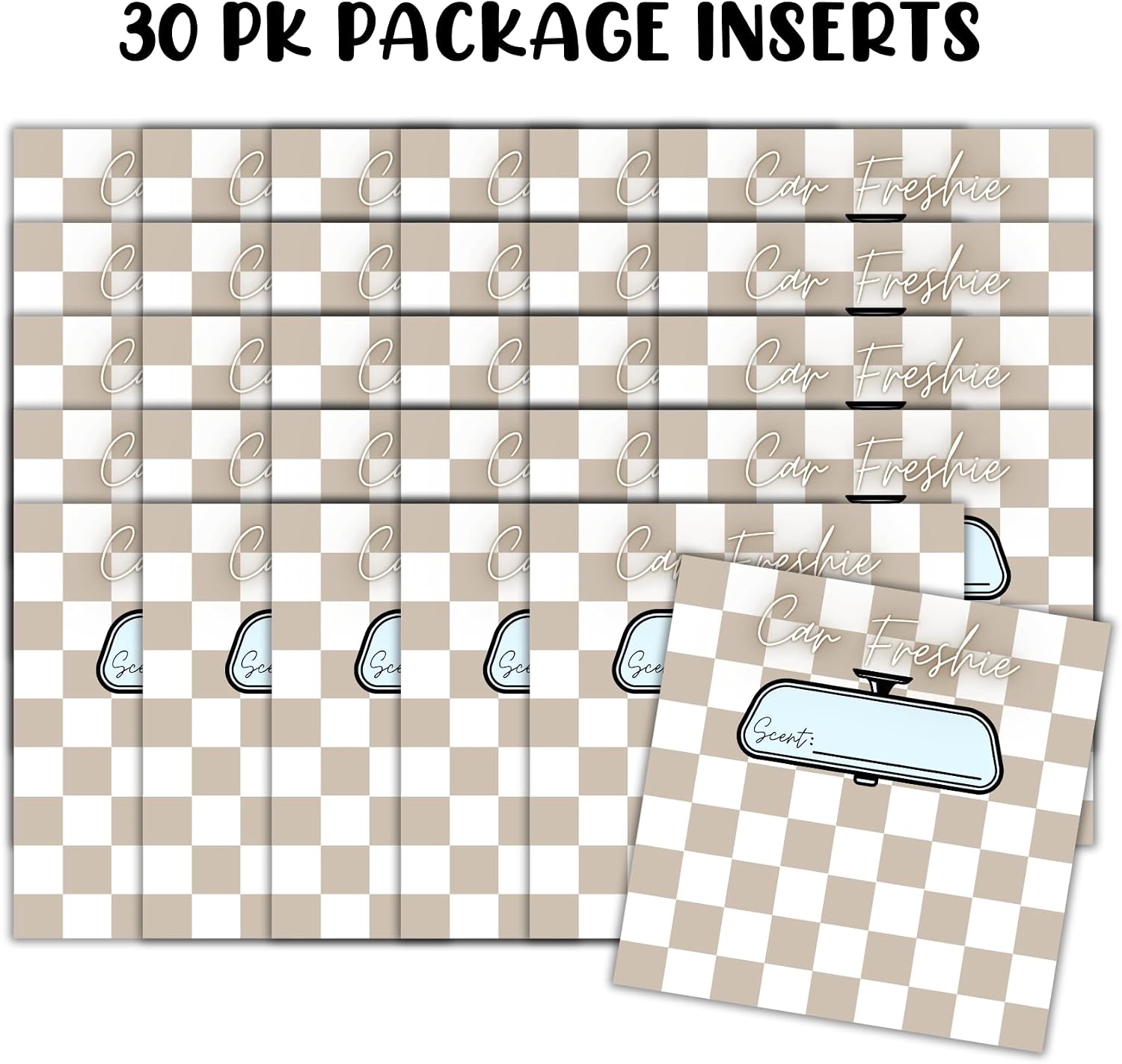 Tan Checkered Freshie Cardstock Insert for Holographic Bag 30pk 5.6x5.6” for 6” Square Bags Car Freshies Rounds Vent Clips Care Instructions