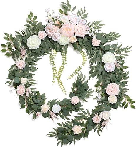 Miniatura 19 de Ling's moment Guirnalda de Flores de Primavera de 9 Pies - Flores de Arco de Boda para Decoración de Fondo, Eucalipto y Rosa, Guirnalda Floral