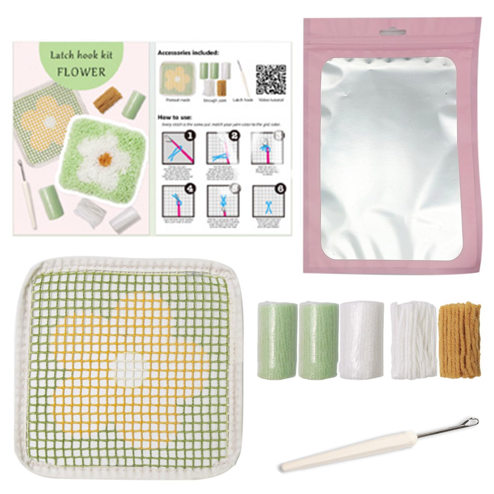 Msioytog Latched Hook Coasters Kits for Kid Coasters Making Kits Latched Hook Flower Craft Embroidery for Adults Making Flower Craft
