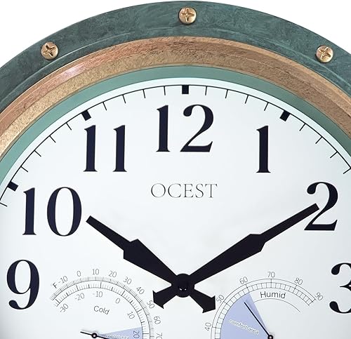 Miniatura 9 de OCEST Reloj de pared para interiores y exteriores de 16 pulgadas, resistente al agua, con termómetro higrómetro, silencioso, sin tictac, funciona