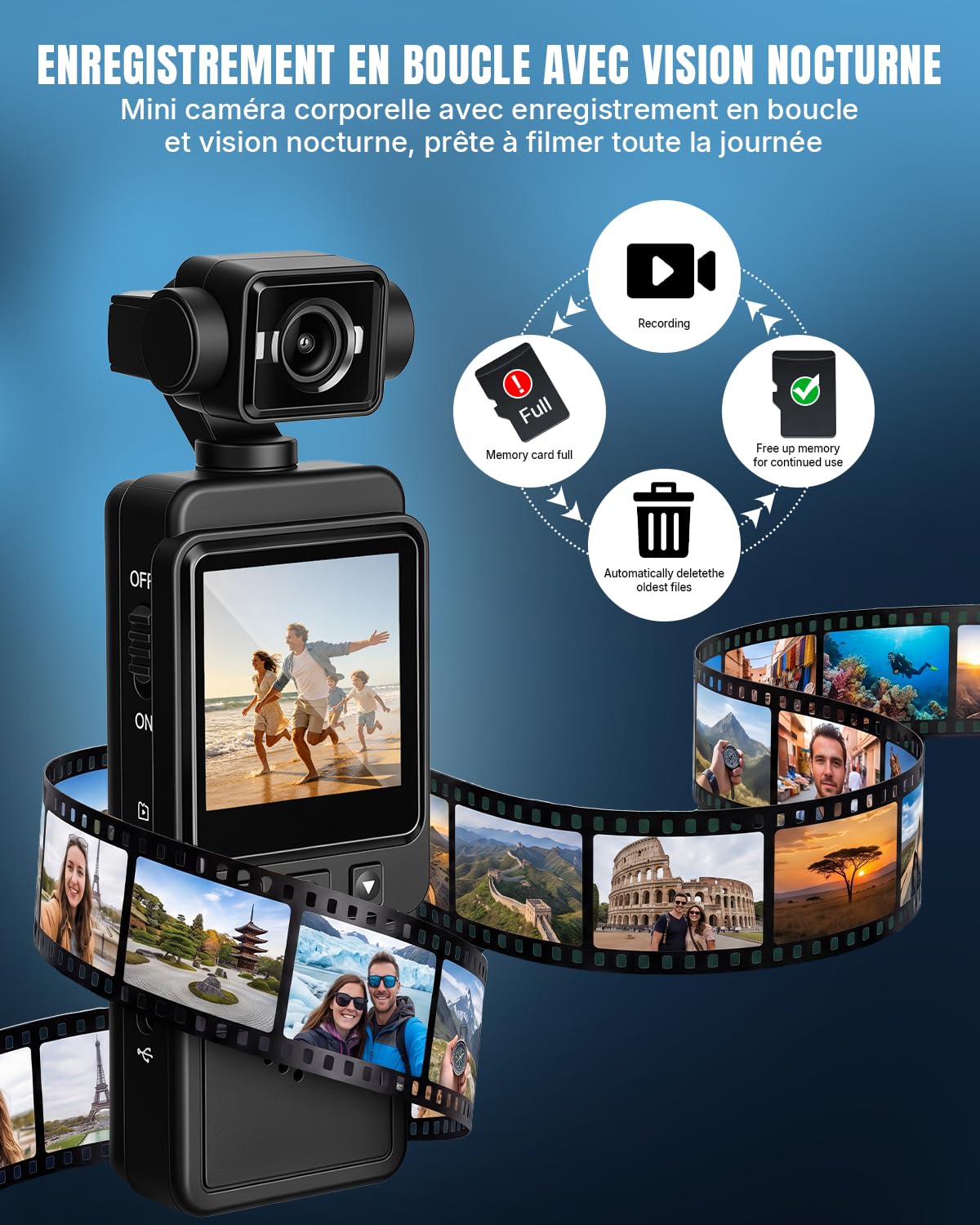 Caméra Corporelle 4K, Mini Caméra Sport avec Objectif Rotatif 270°, WiFi Portable Body Camera Pocket Vlog Camera de Corps pour Sport, Vélo, Voyage