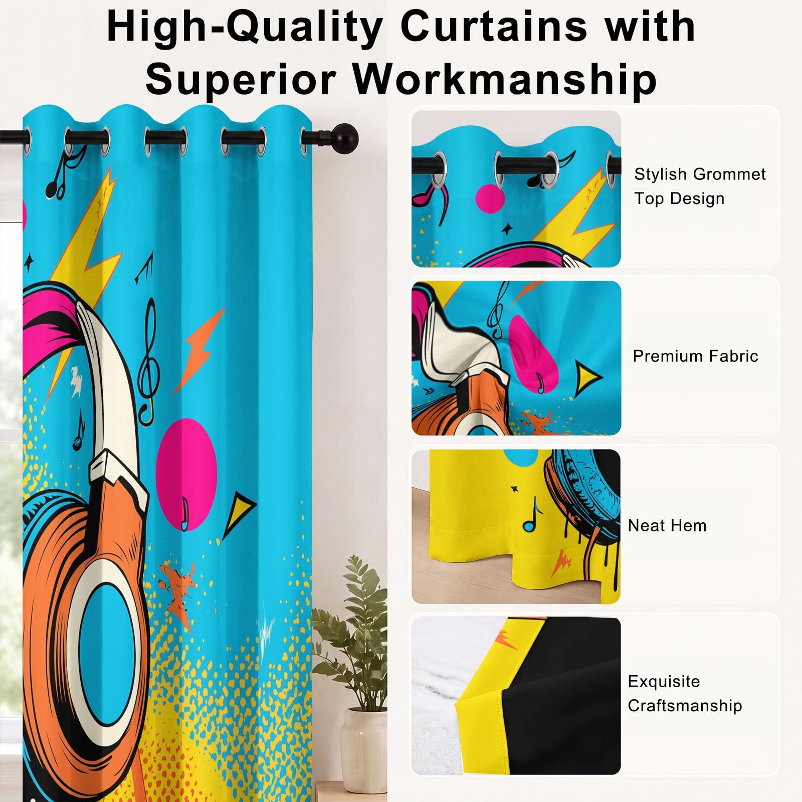 Générique 2 pezzi Tenda oscurante per cuffie audio alla moda sfumata per ragazza ragazzo 140 x 260 cm - Pop musica termica fonica con occhiello per decorazione della finestra camera da letto e